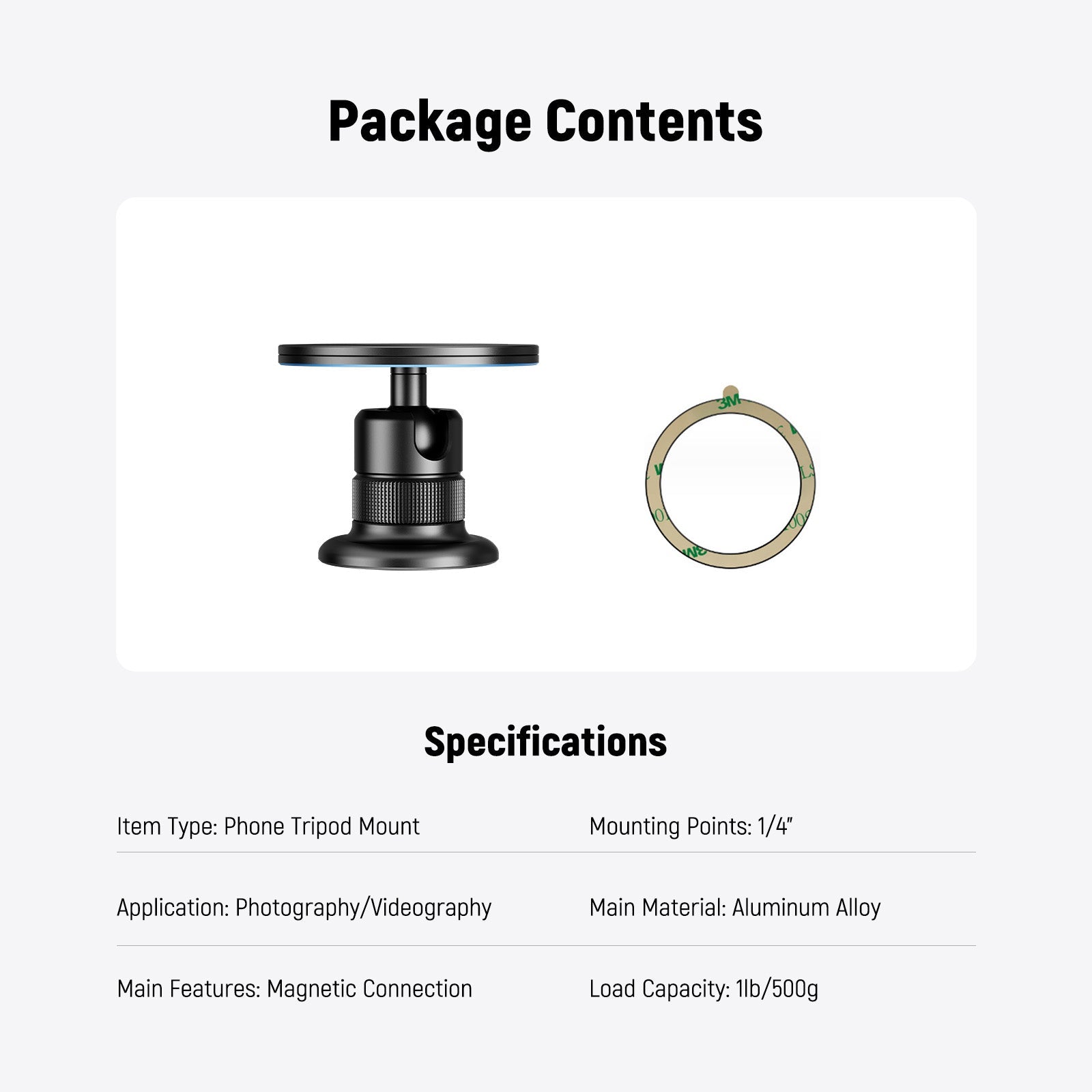 This package includes a magnetic phone tripod mount and an adhesive metal ring.
