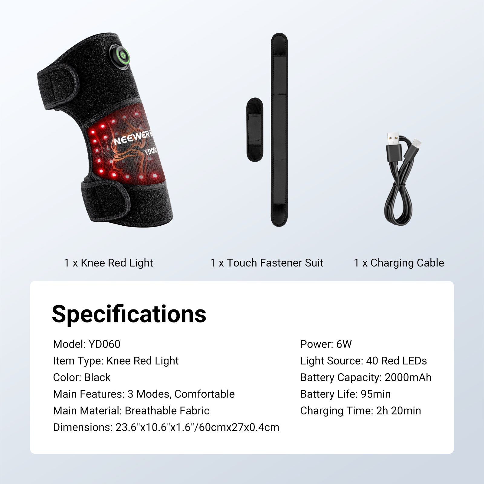 This package includes a knee red light, a touch fastener suit, and a charging cable.