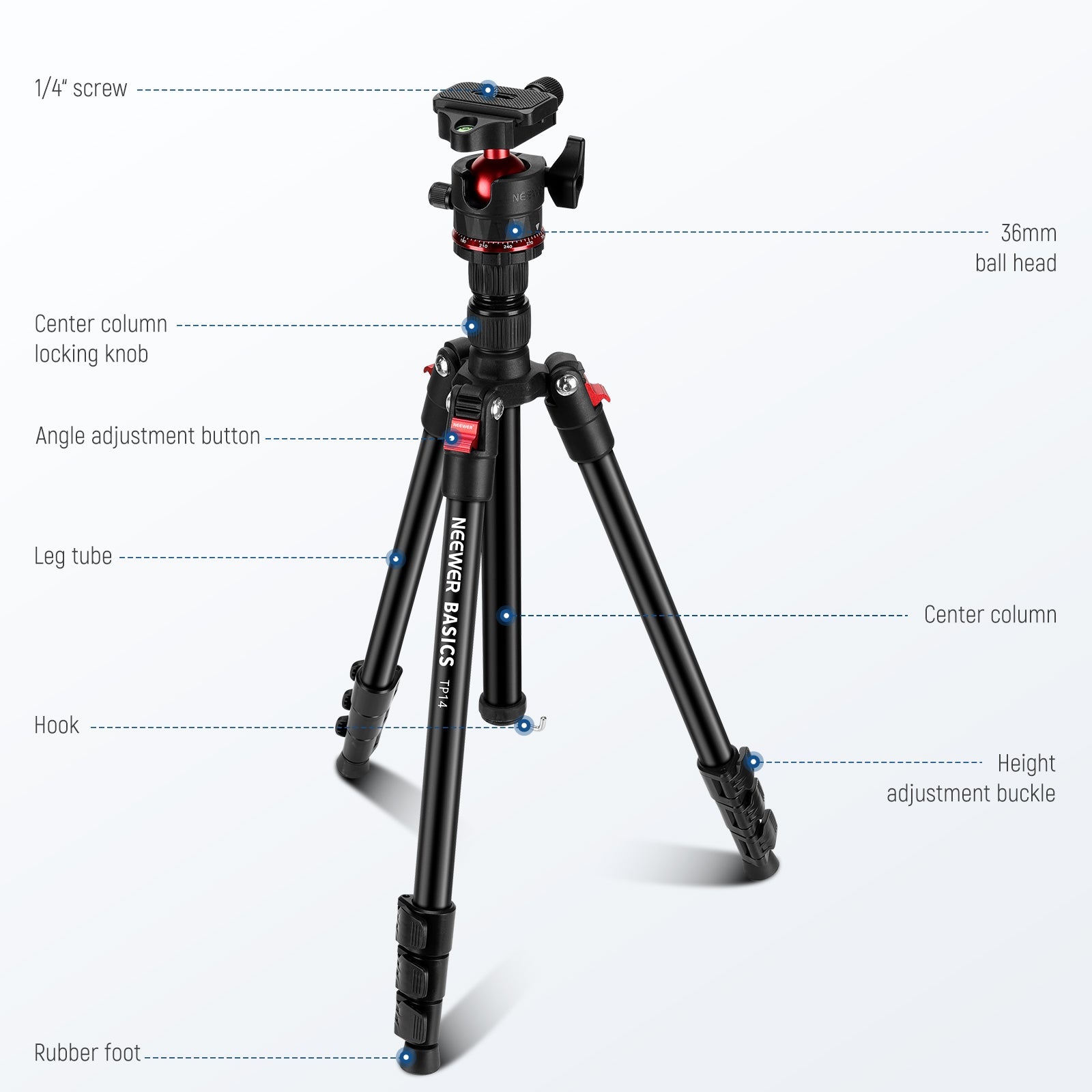 Product details of the NEEWER TP14 Travel Tripod for Camera