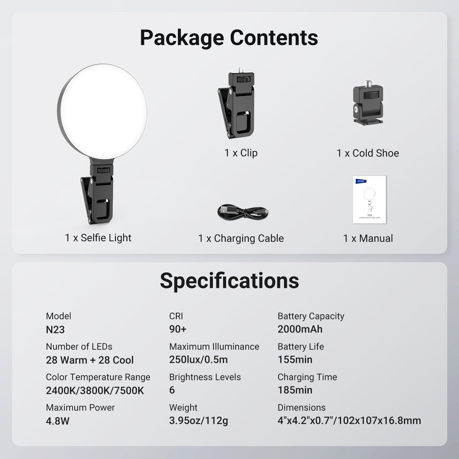 This kit includes a selfie light, a clip, a cold shoe, and a charging cable.