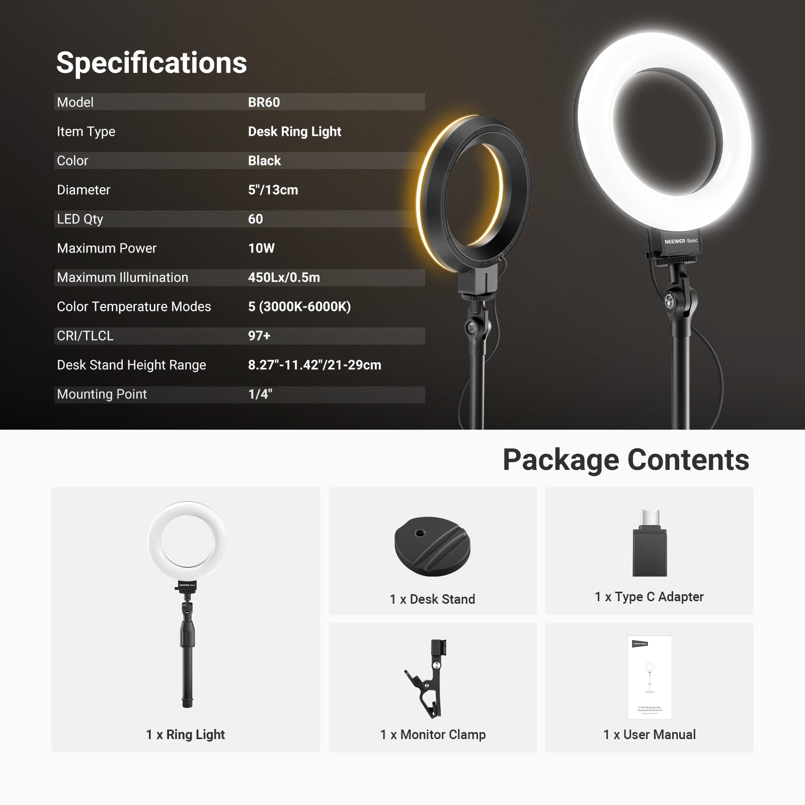 This package includes a ring light, a desk stand, a monitor clamp, and a Type C adapter.