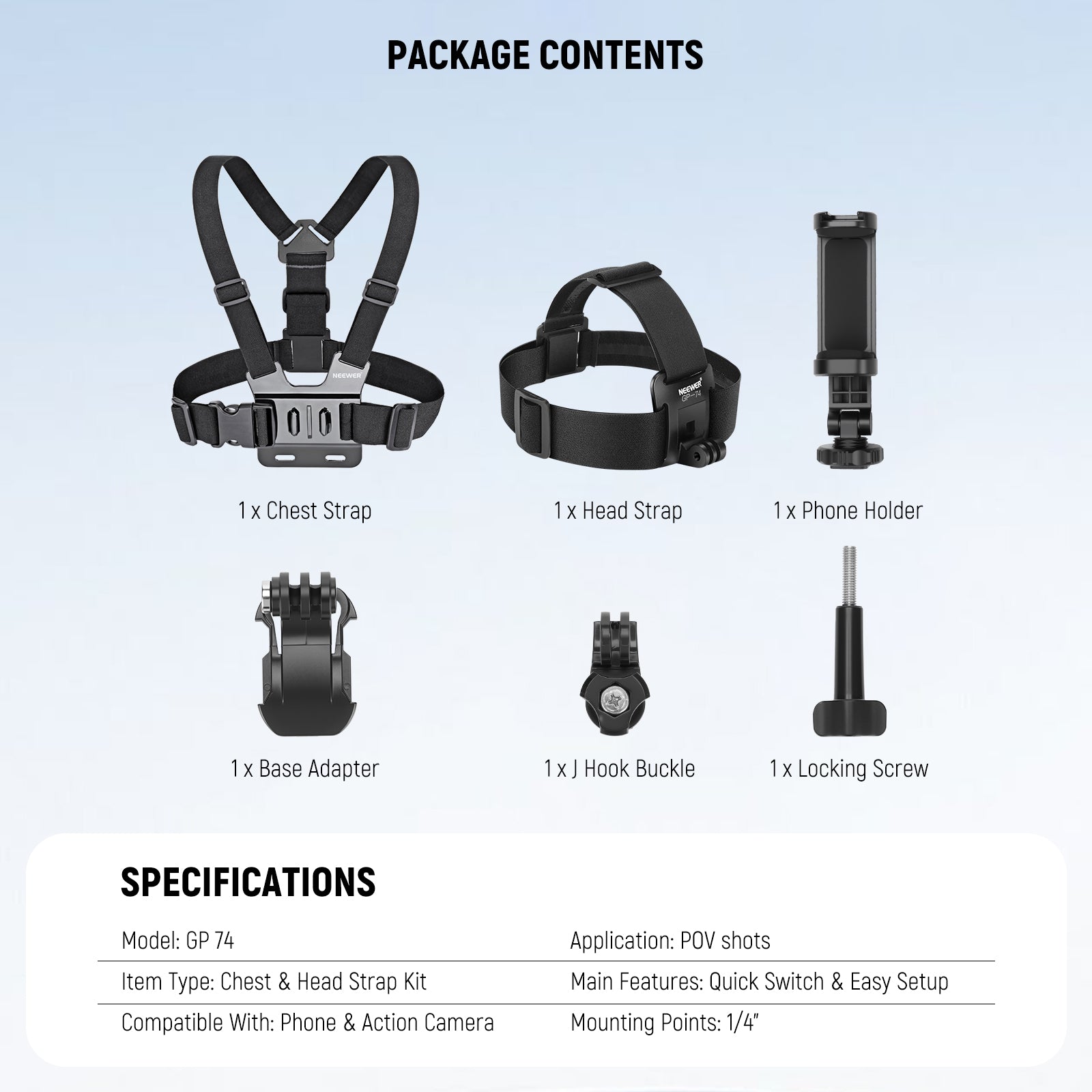 Package Contents of the NEEWER GP-74 Phone Chest & Head Strap Accessories Kit