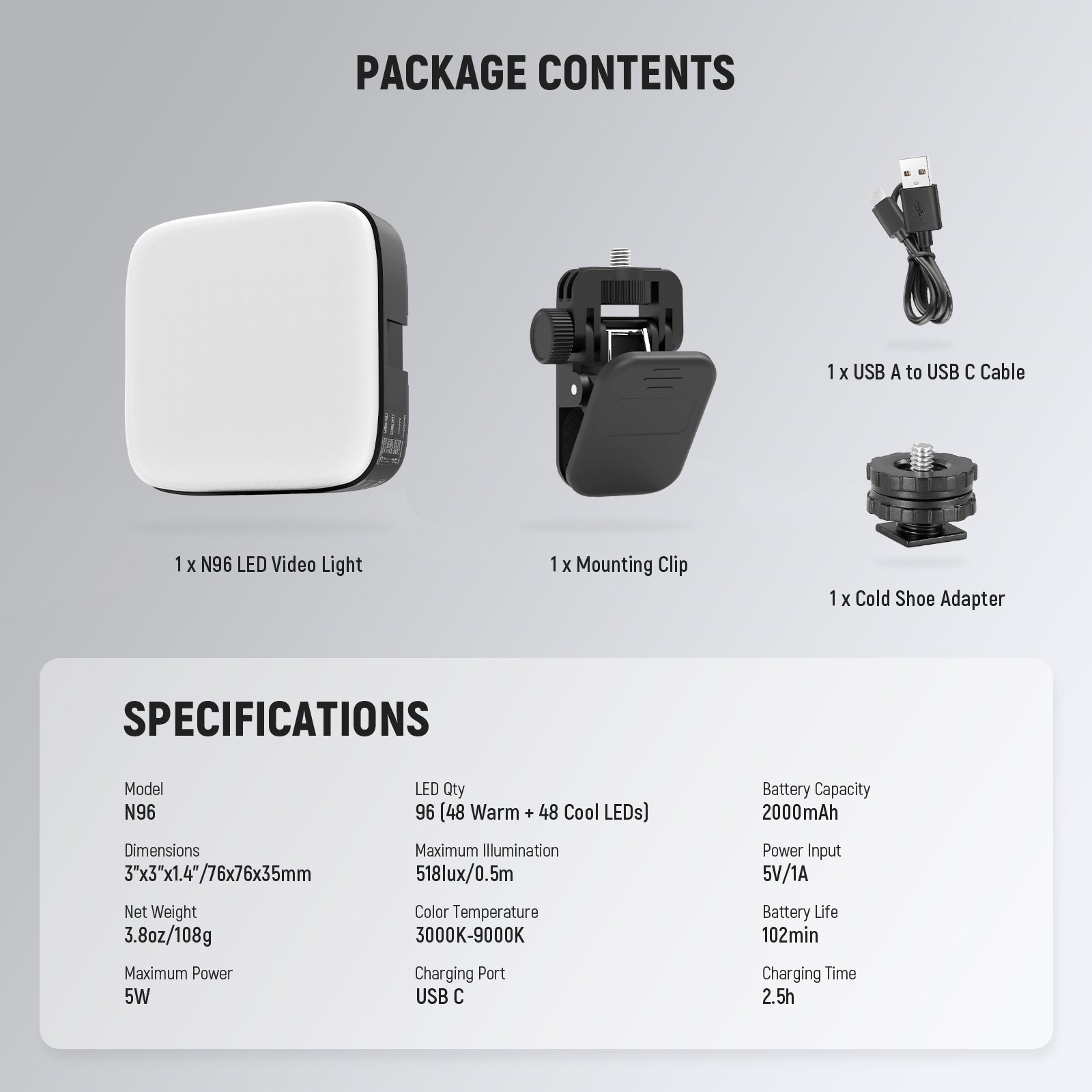 Package Contents of the NEEWER N96 Magnetic Mini Selfie Light