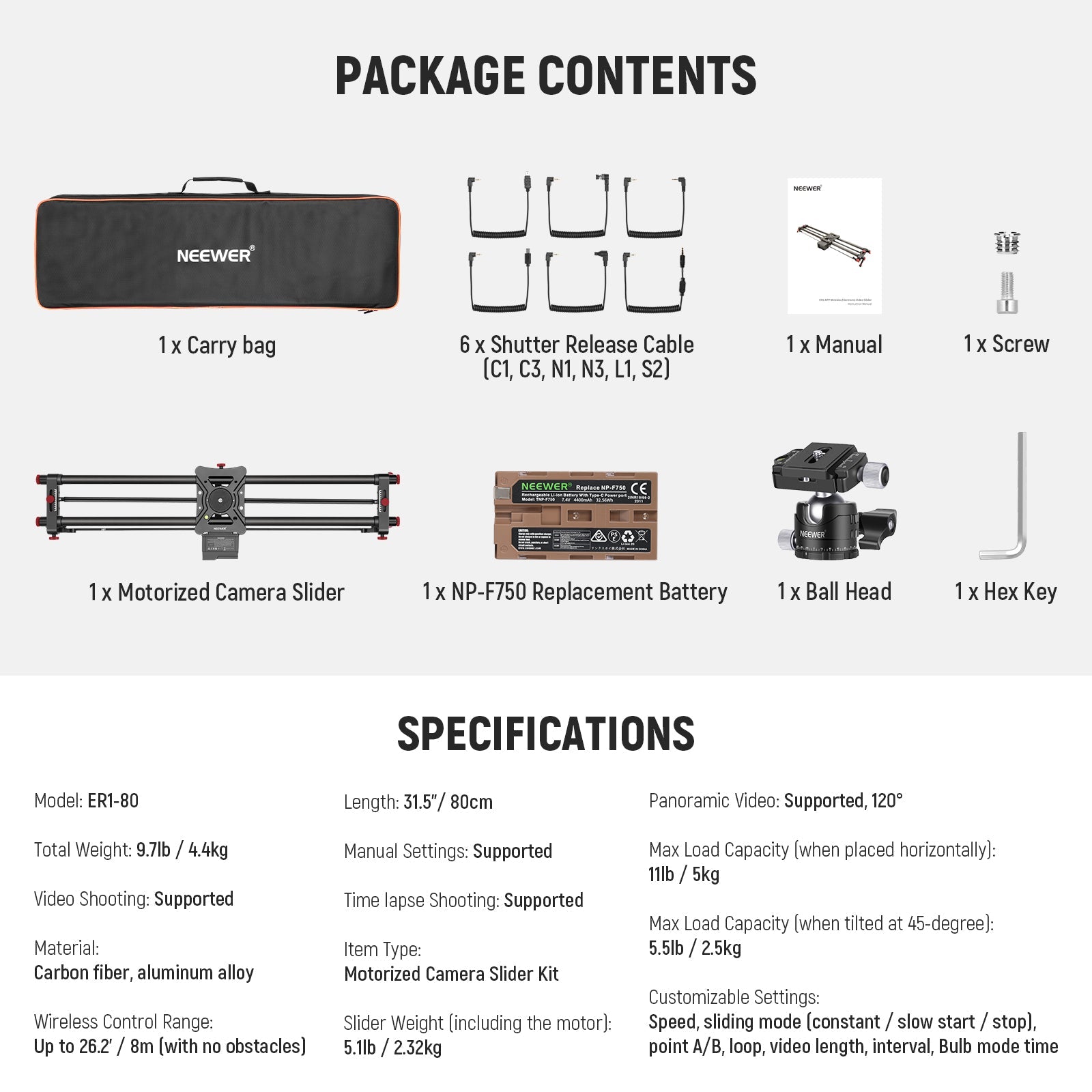 Package Contents of the NEEWER ER1 Motorized Camera Slider with NP-F750 Battery
