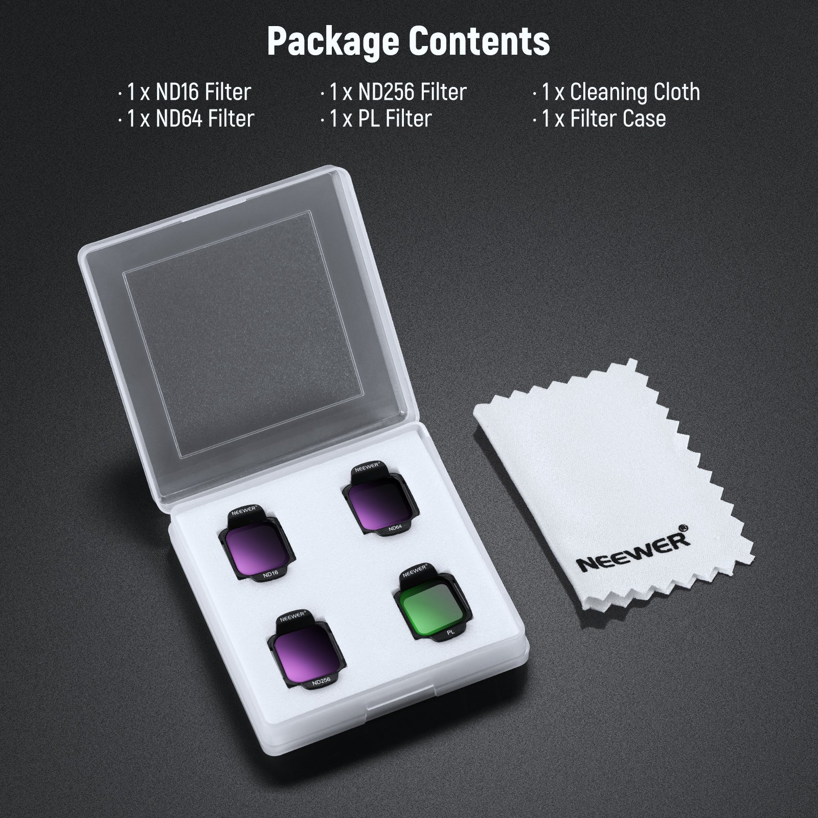 Package Contents of the NEEWER 4-Pack ND16/ND64/ND256/CPL Filter for DJI Flip Drone
