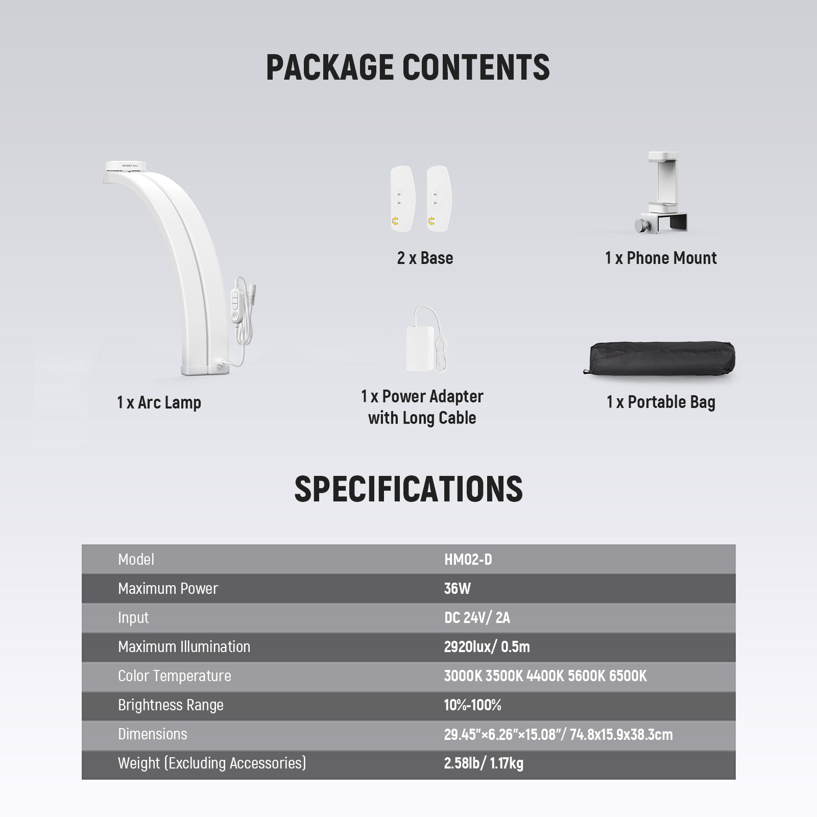 Package Contents of the NEEWER HM02-D Foldable Nail Tech Table Arc Lamp Kit