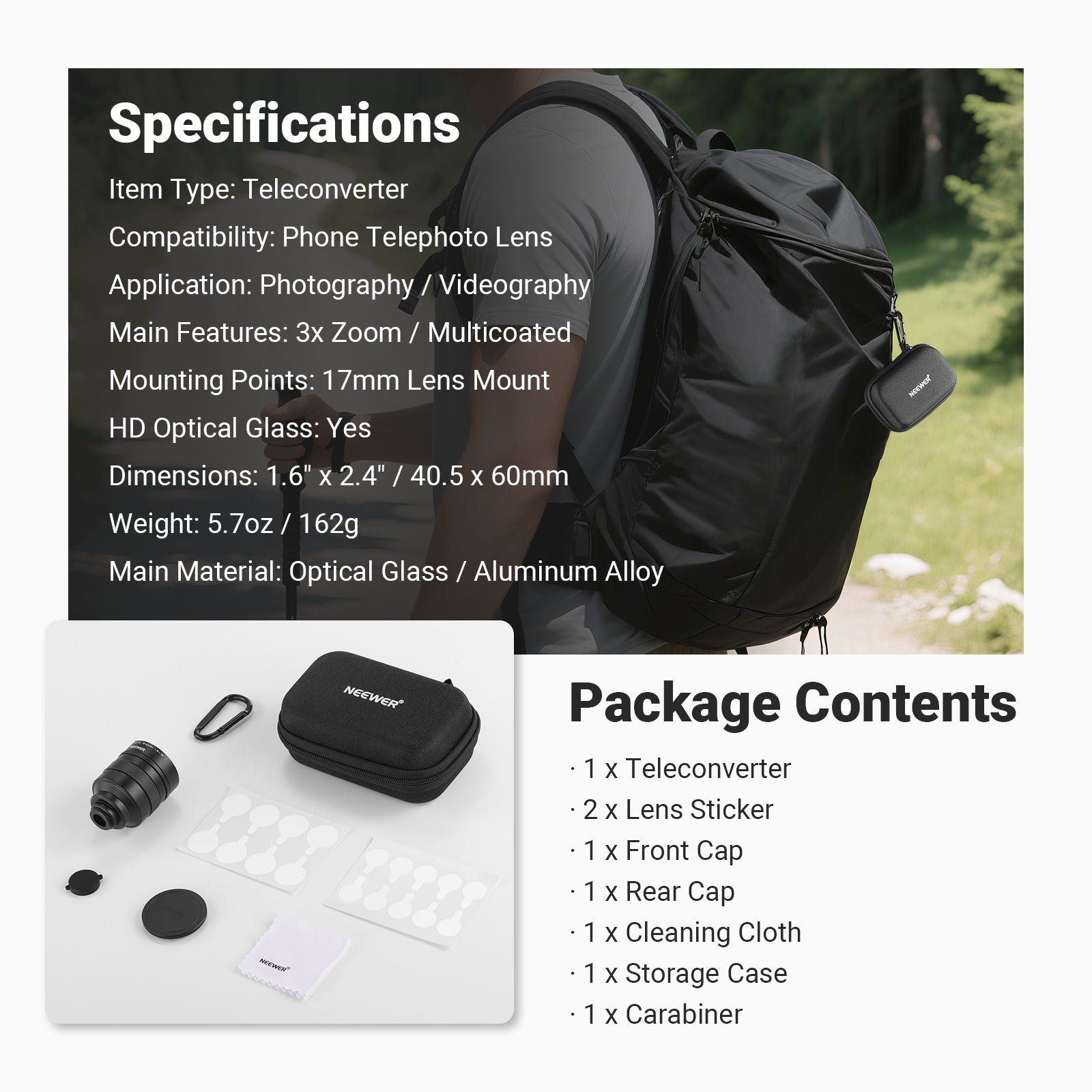 This package includes a teleconverter, two lens stickers, a front cap, a rear cap, and more.