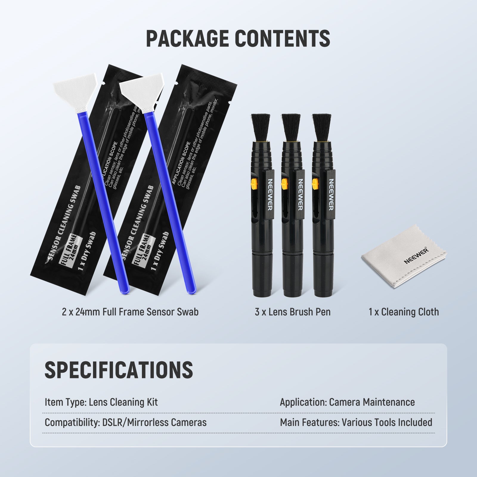 This kit includes three lens brush pen, two full frame sensor swab, and a cleaning cloth.