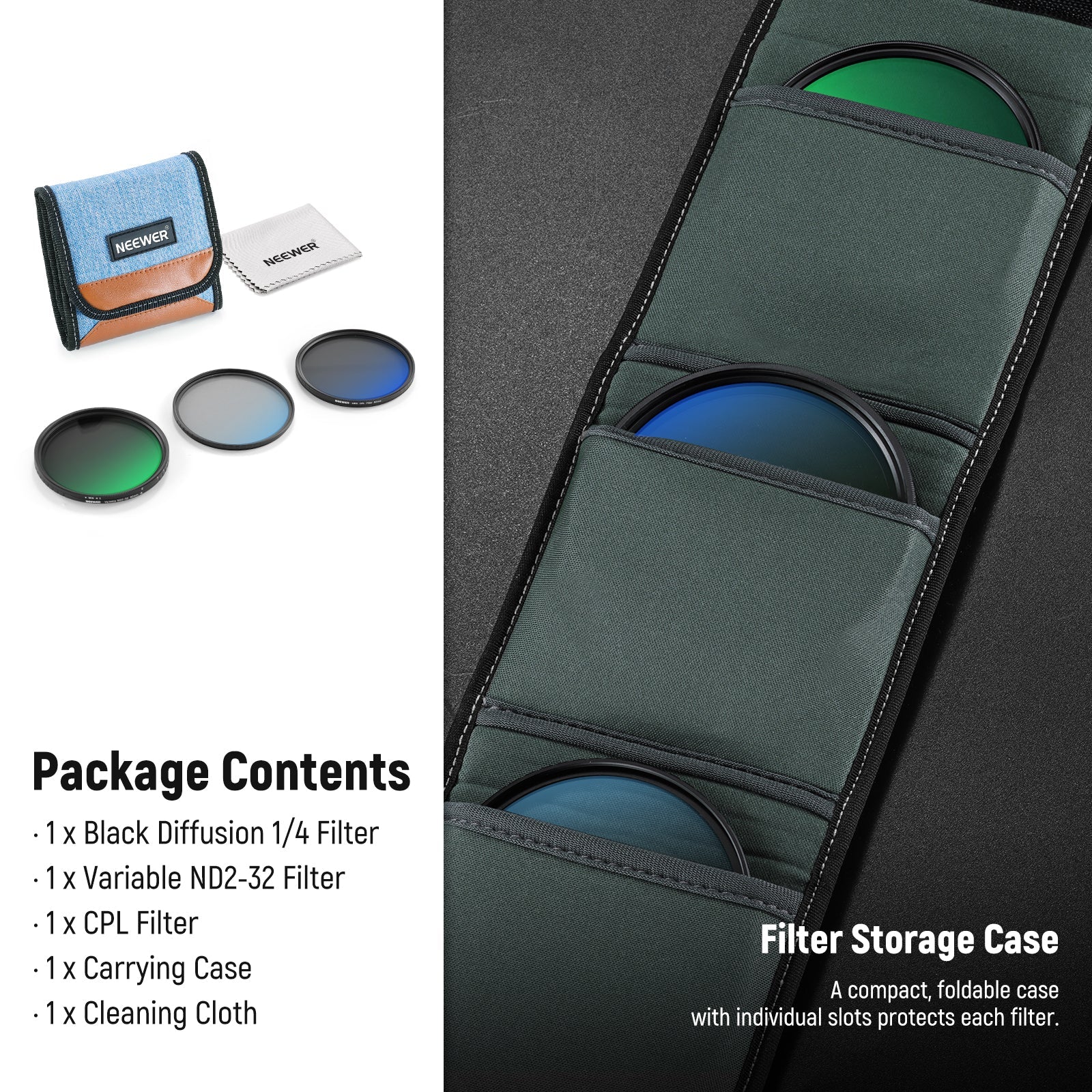 Package Contents of the NEEWER 3 Pack Versatile Filter Set