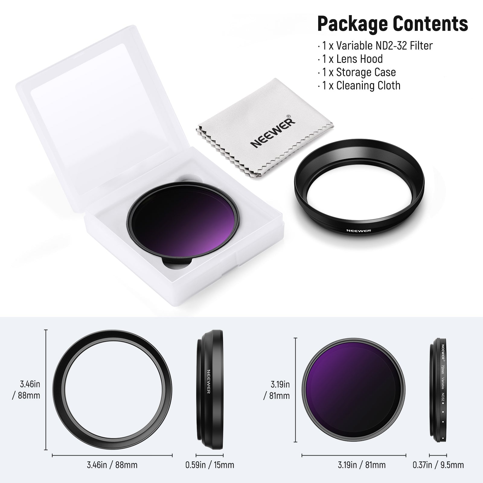 Package Contents of the NEEWER 72mm Variable ND2-32 Filter Kit