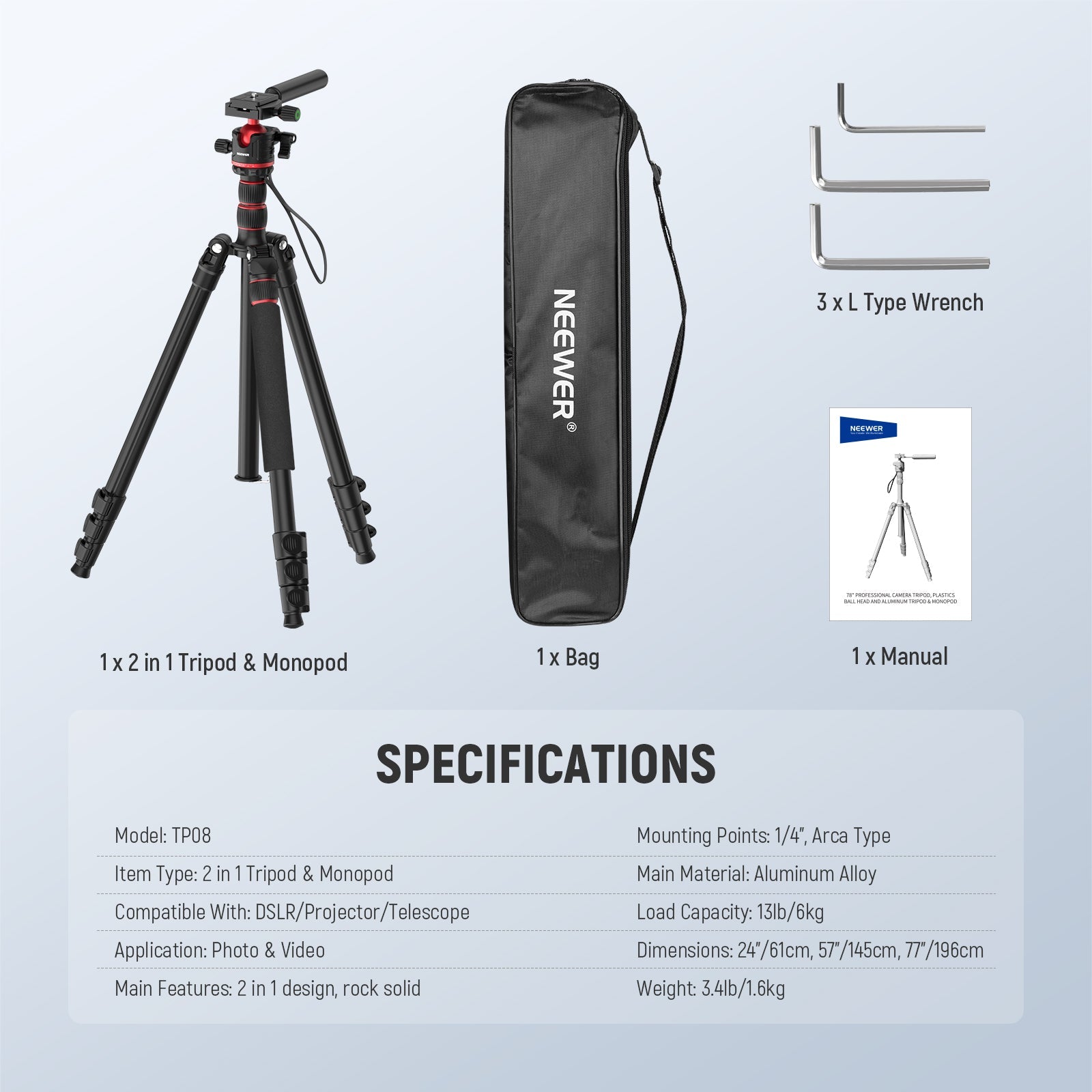 Specifications of the NEEWER TP08 77" 2 in 1 Camera Tripod