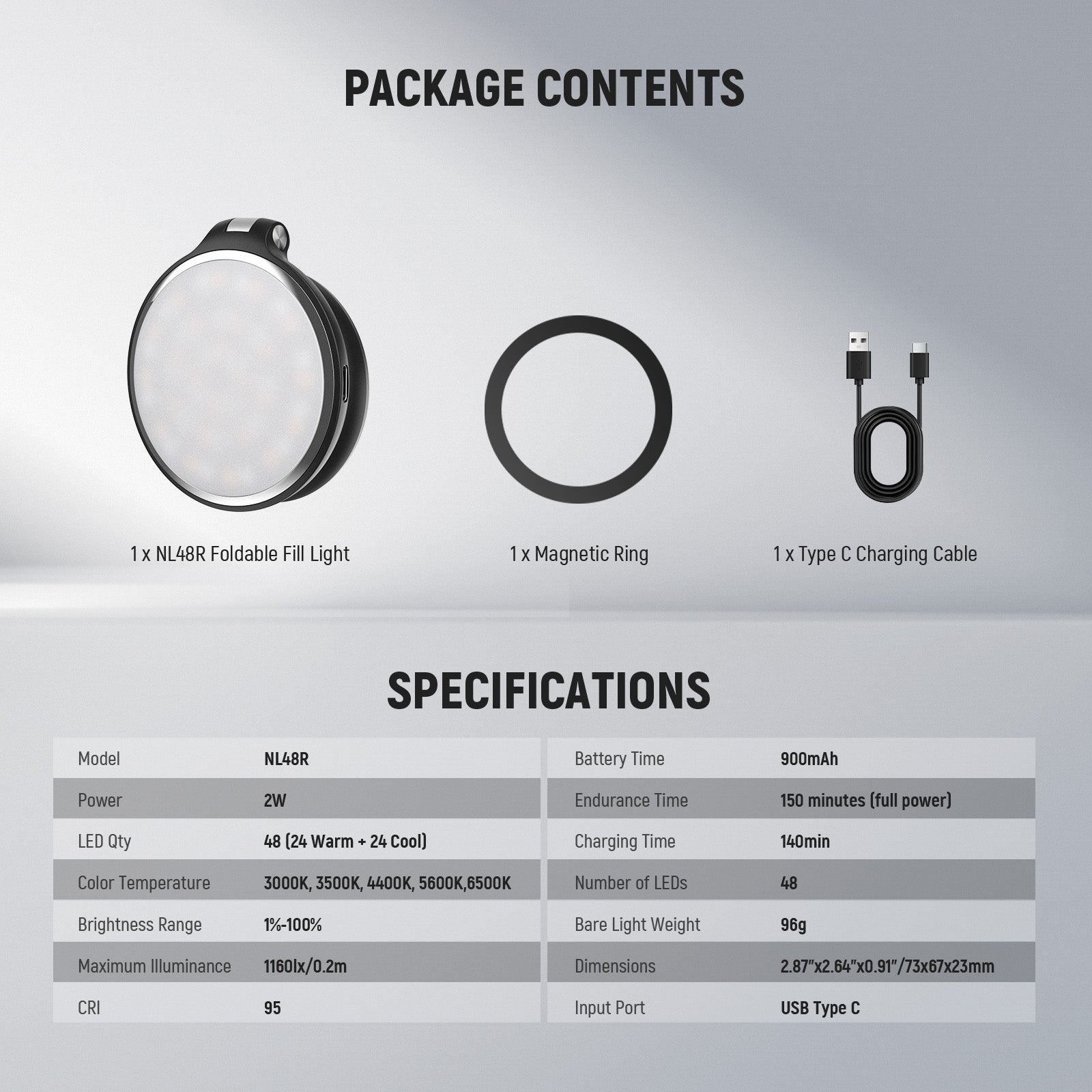 Package Contents of the NEEWER NL48R Magnetic Mini LED Selfie Light