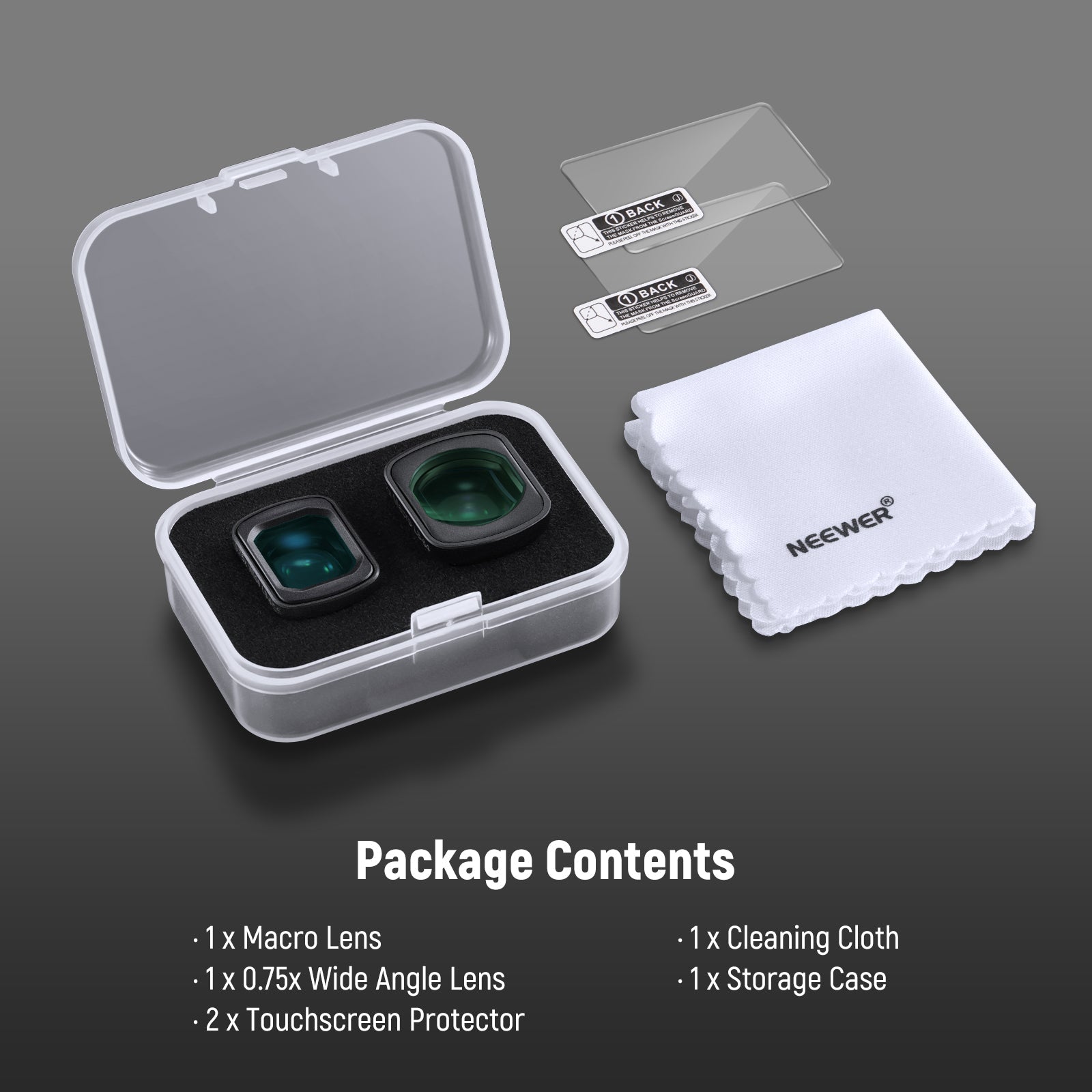 Package Contents of the NEEWER 0.75X Wide Angle & 2X Macro Lens Set for Pocket 3