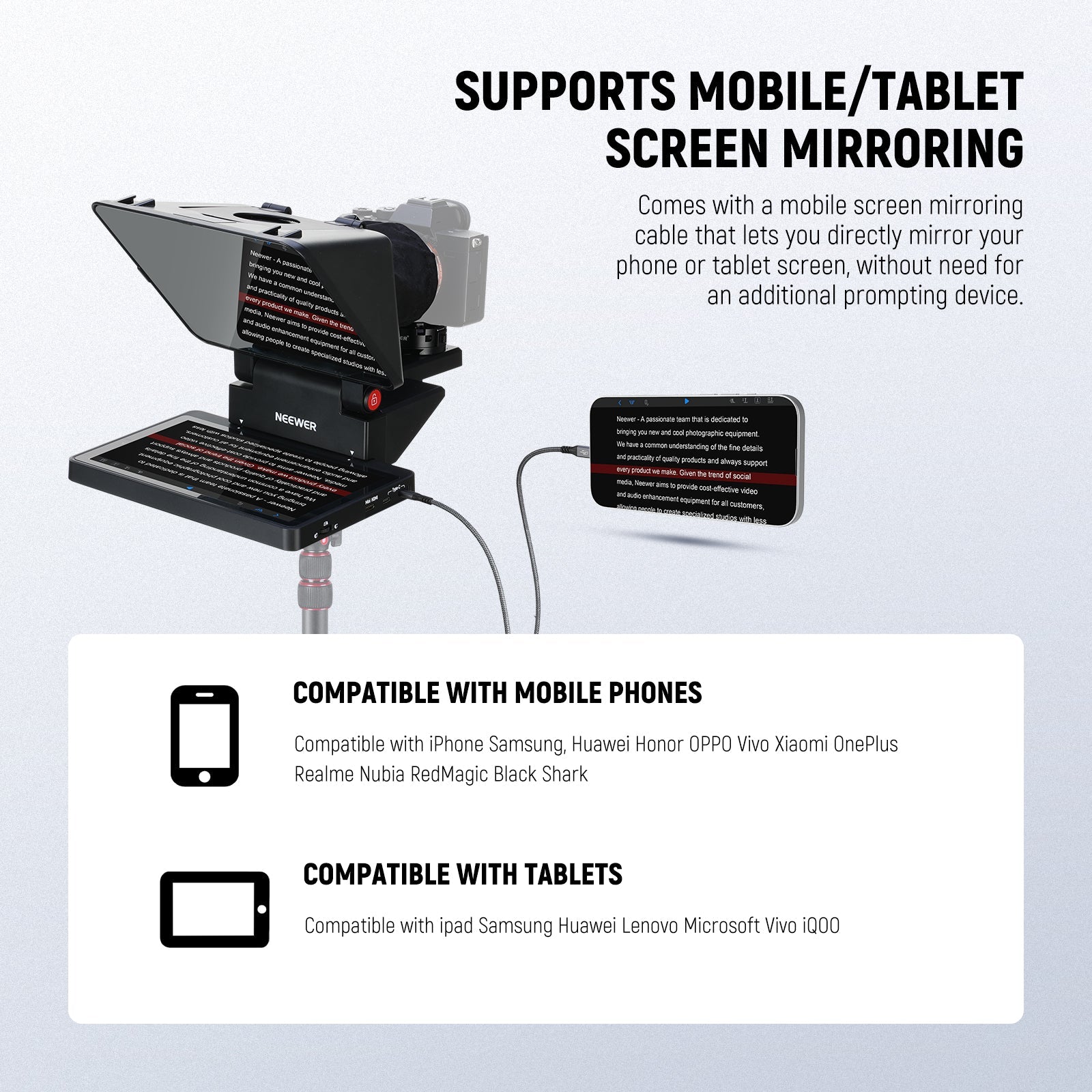 NEEWER X11 2-In-1 Pro Teleprompter features a mobile screen mirroring cable.