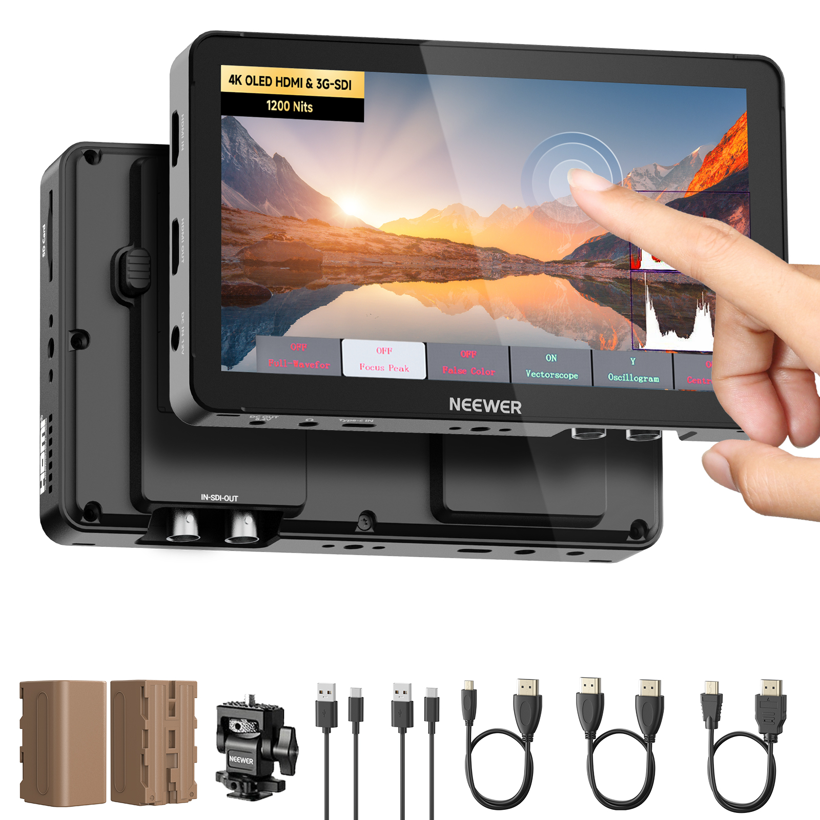 Neewer camera monitor with touchscreen display, battery, and cables on a white background