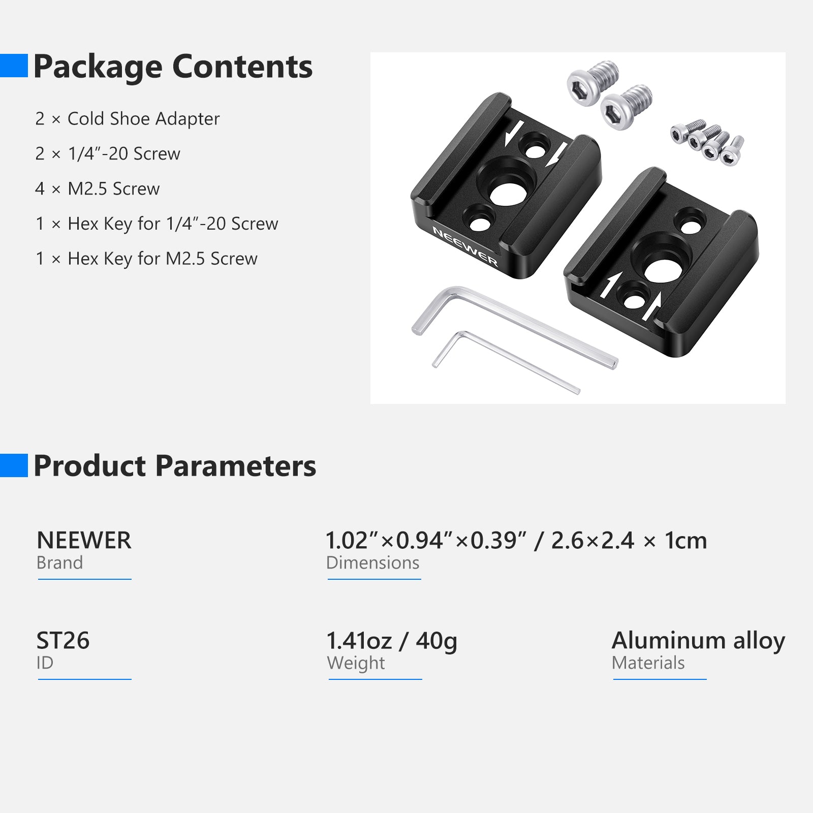 Neewer ST26 Cold Shoe Mount Adapter 2 Packs with 1/4”-20 Thread