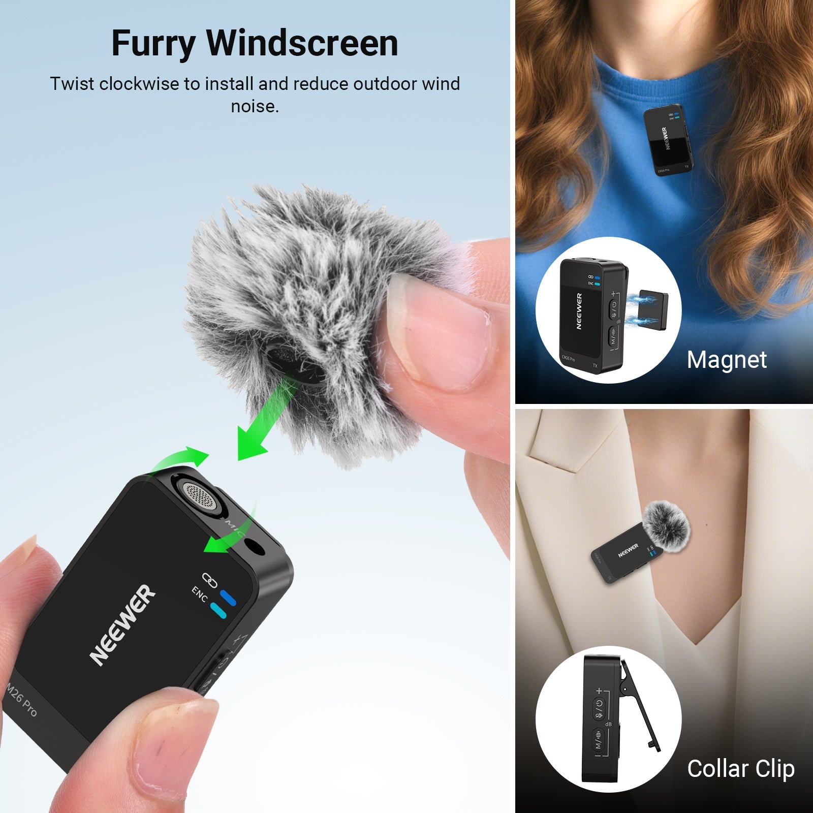 The NEEWER CM26 Pro Wireless Lapel Microphone can be worn using either magnetic attachment or a clip.