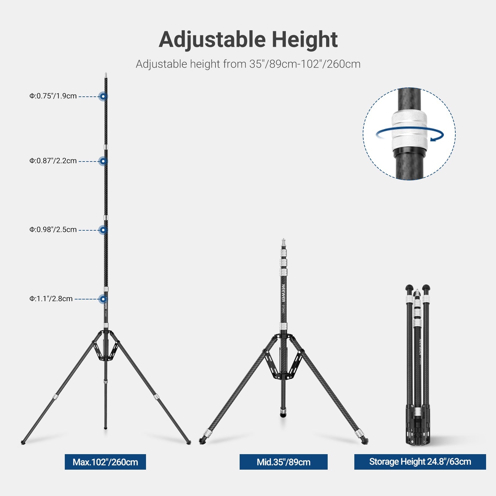 NEEWER ST260C Carbon Fiber Light Stand can be adjustable from 89cm to 260cm.