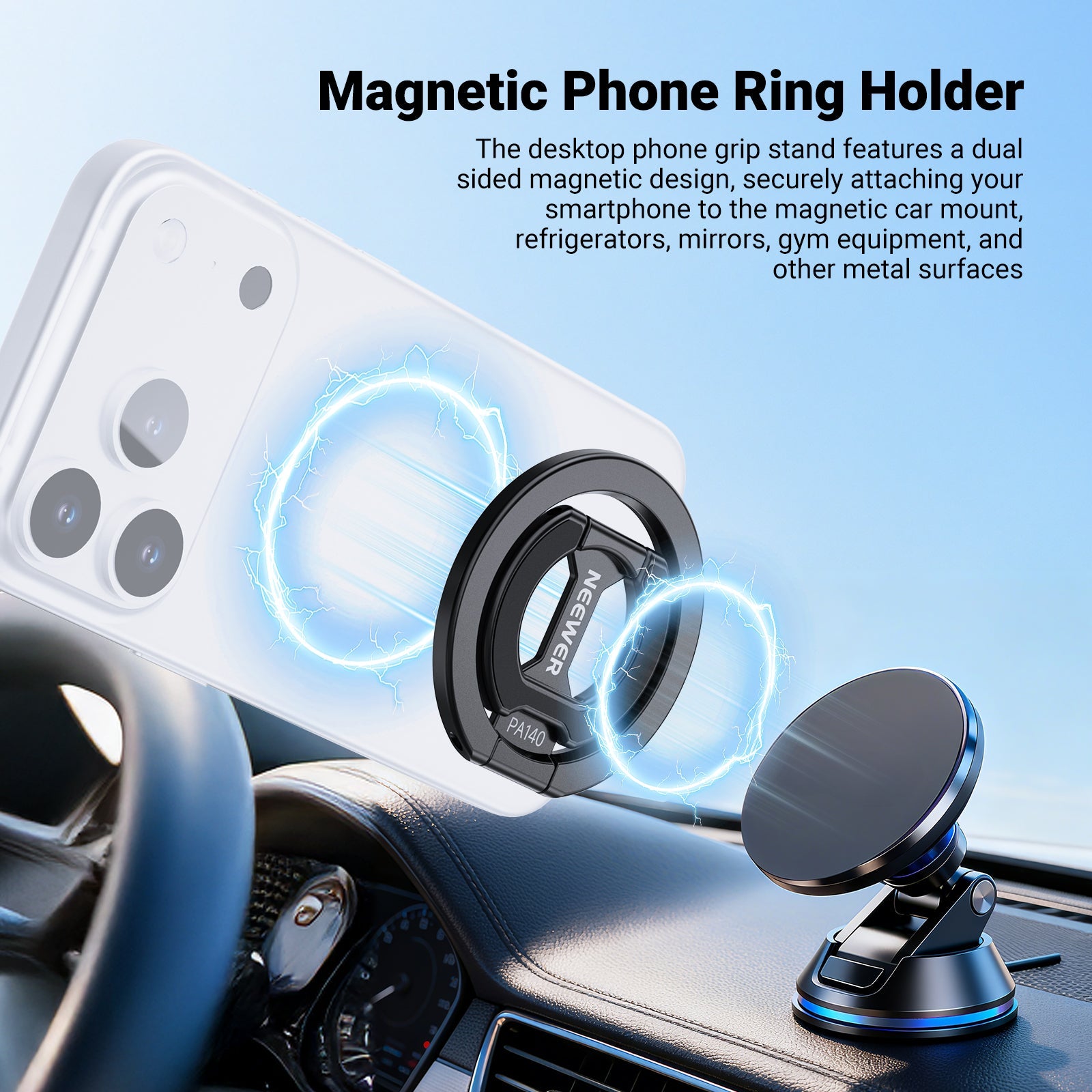 The desktop phone grip stand features a dual sided magnetic design, securely attaching your smartphone to the magnetic car mount
