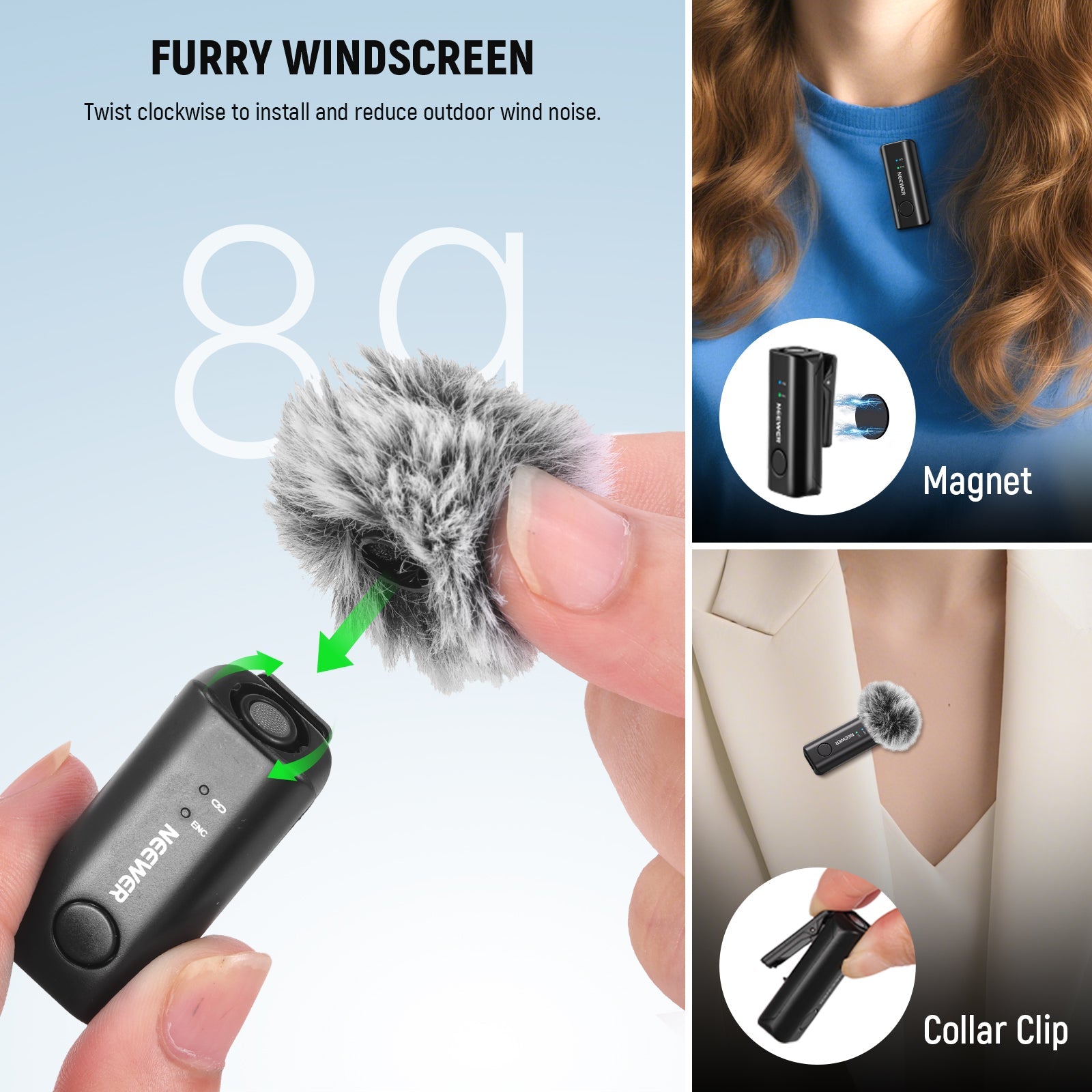 Included micro phone furry windscreens reduce wind noise and plosive sounds during outdoor video recording.