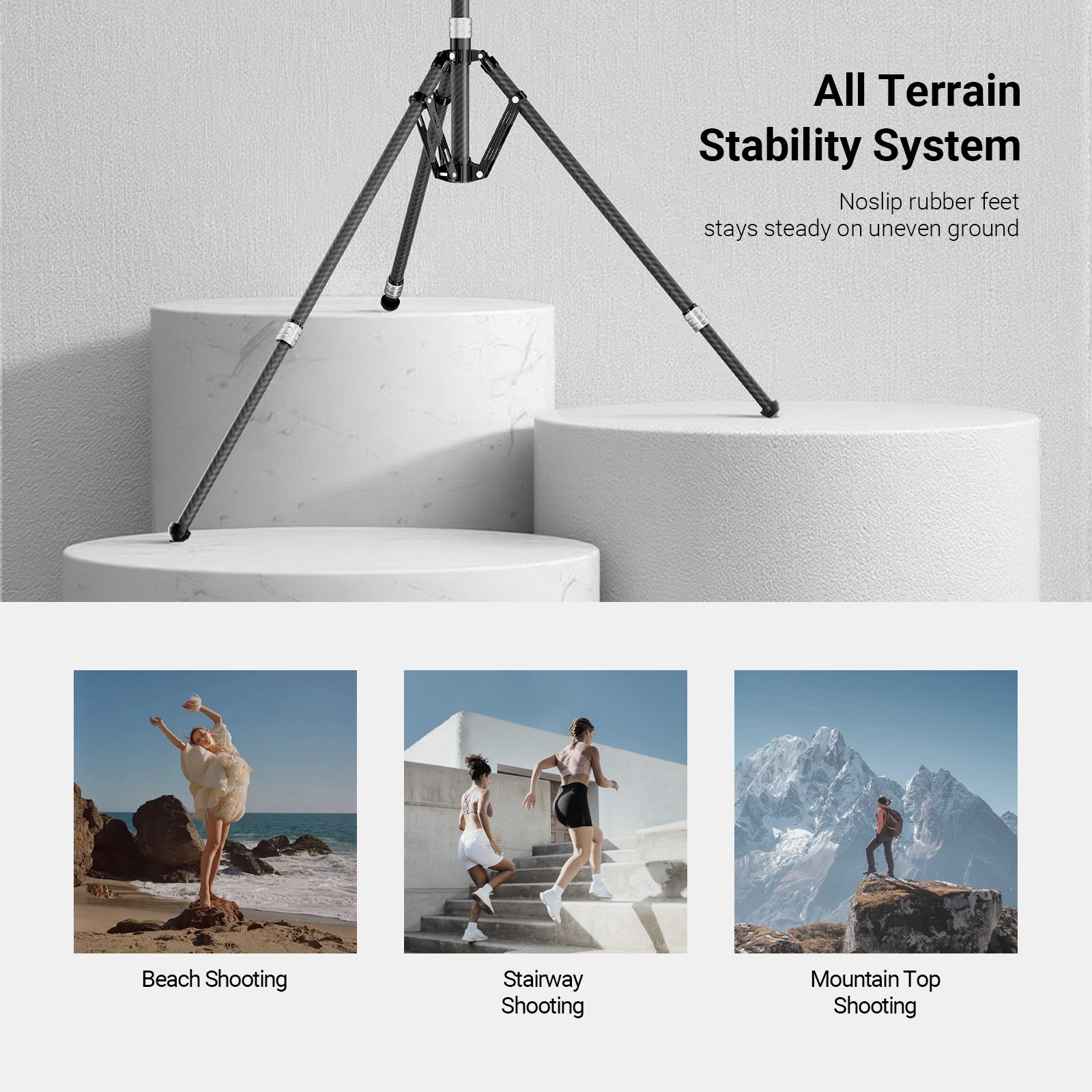 NEEWER ST260C Carbon Fiber Light Stand is used for beach, stairway, and mountain top shooting.