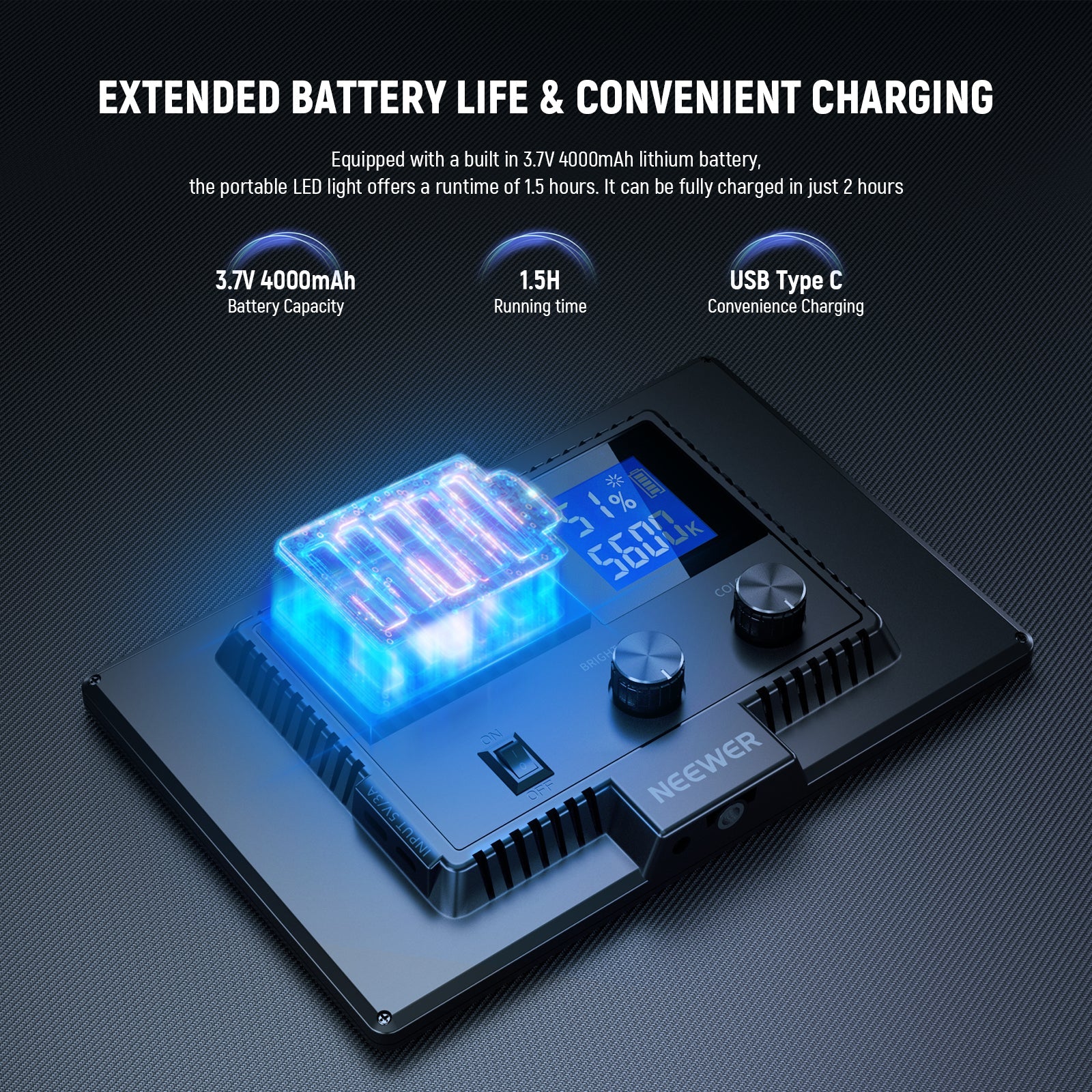 Equipped with a built in 3.7V 4000mAh lithium battery, the portable LED light for photography offers a lighting runtime of 1.5 hours.