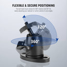 The ball head mount allows for 360° rotation and 90 tilt.