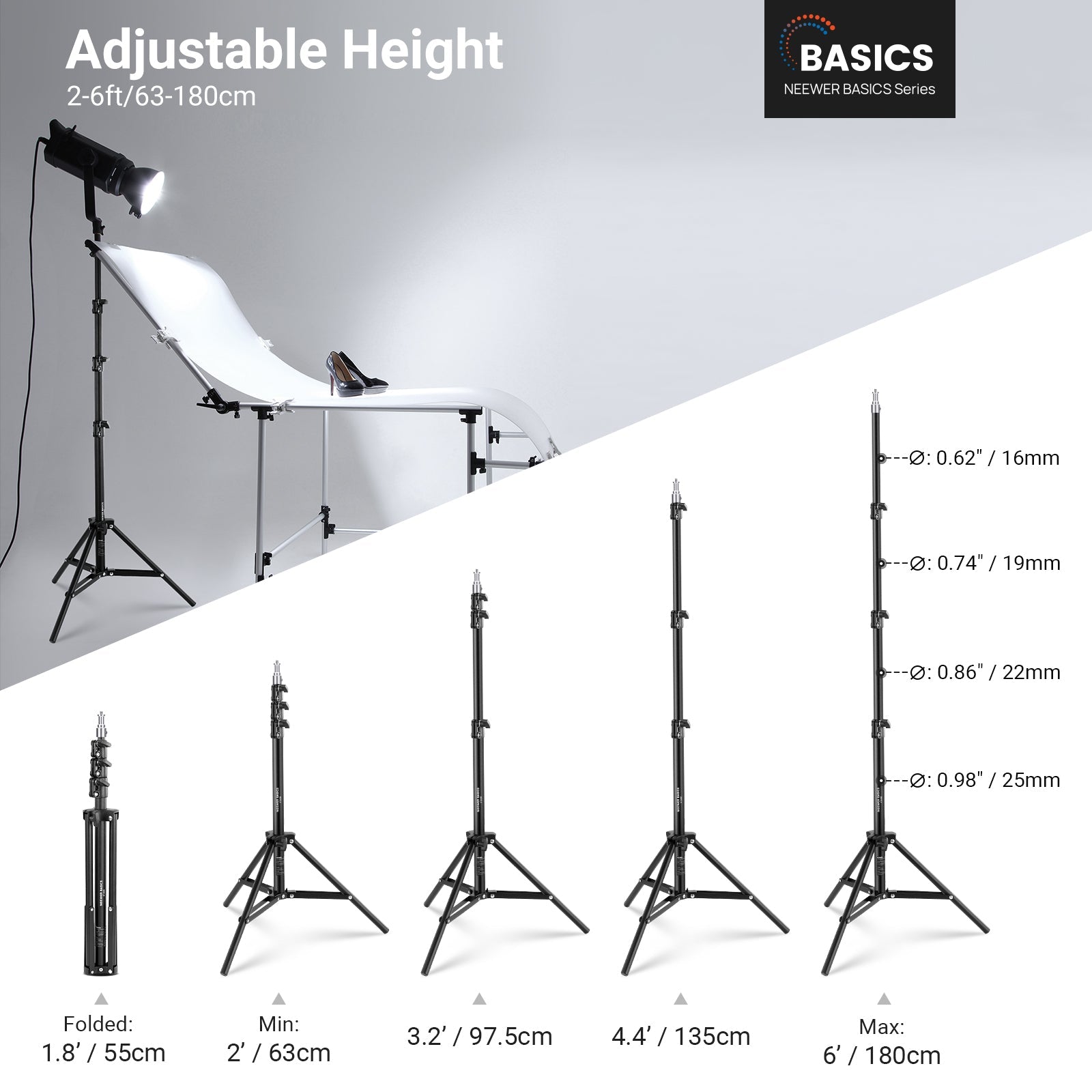 NEEWER ST180B light stand with 63-180cm height range for studio product shooting lighting setup
