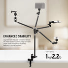 The metal build articulating magic arm with phone holder stably holds a camera