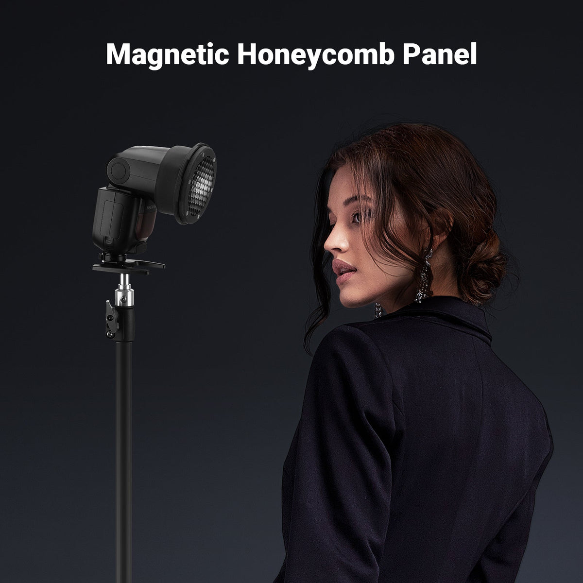Female portrait shot lit by studio flash mounted with magnetic honeycomb panel light modifier on adjustable light stand