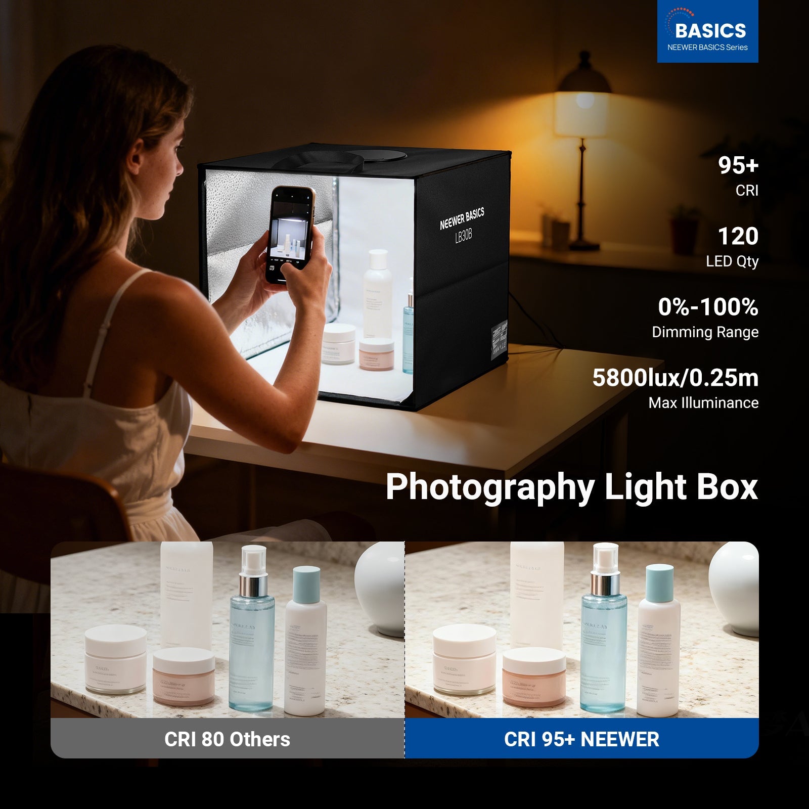 A girl is using the NEEWER LB30B Photo Light Box to shoot cosmetics.