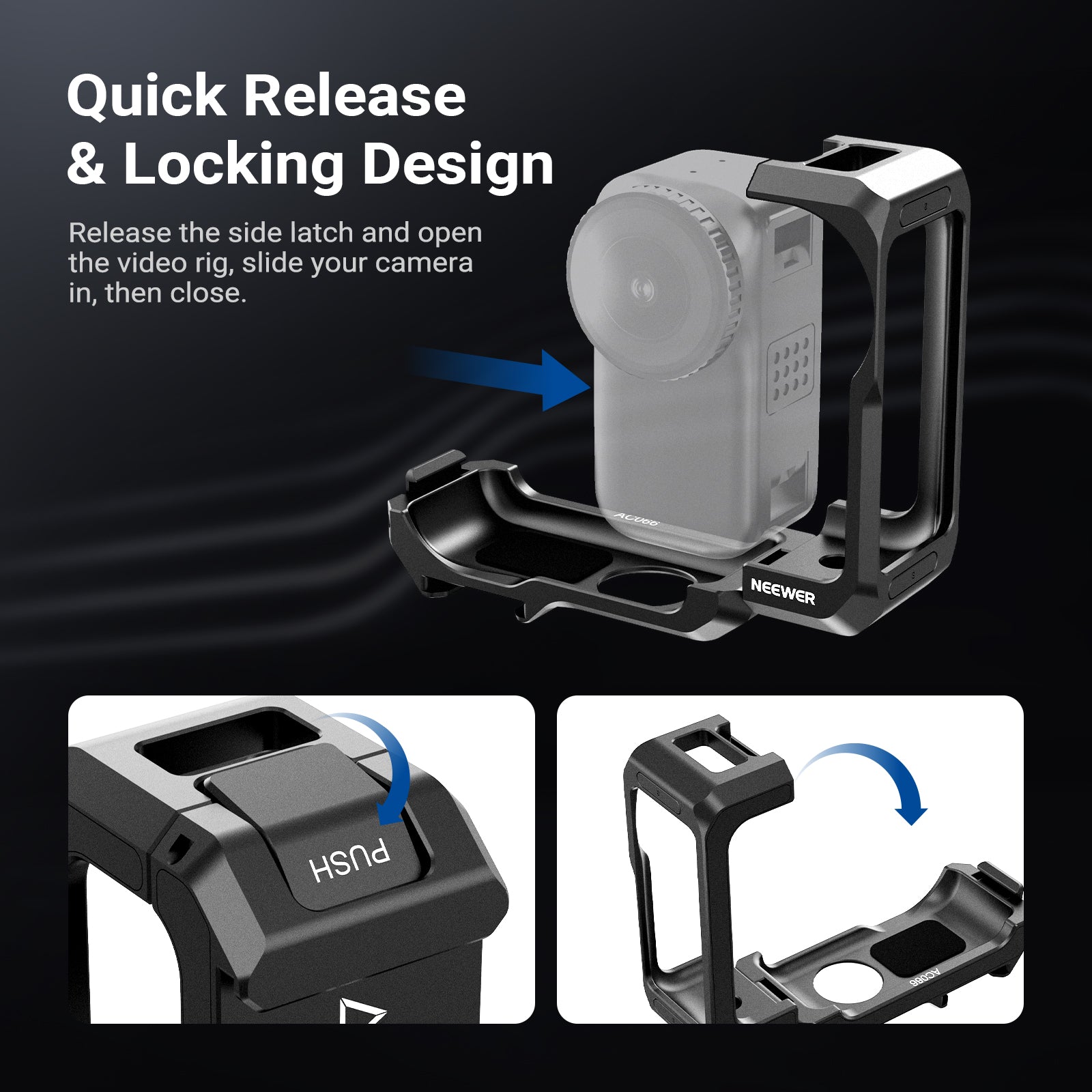 Release the side latch and open the video rig, slide your camera in, then close.