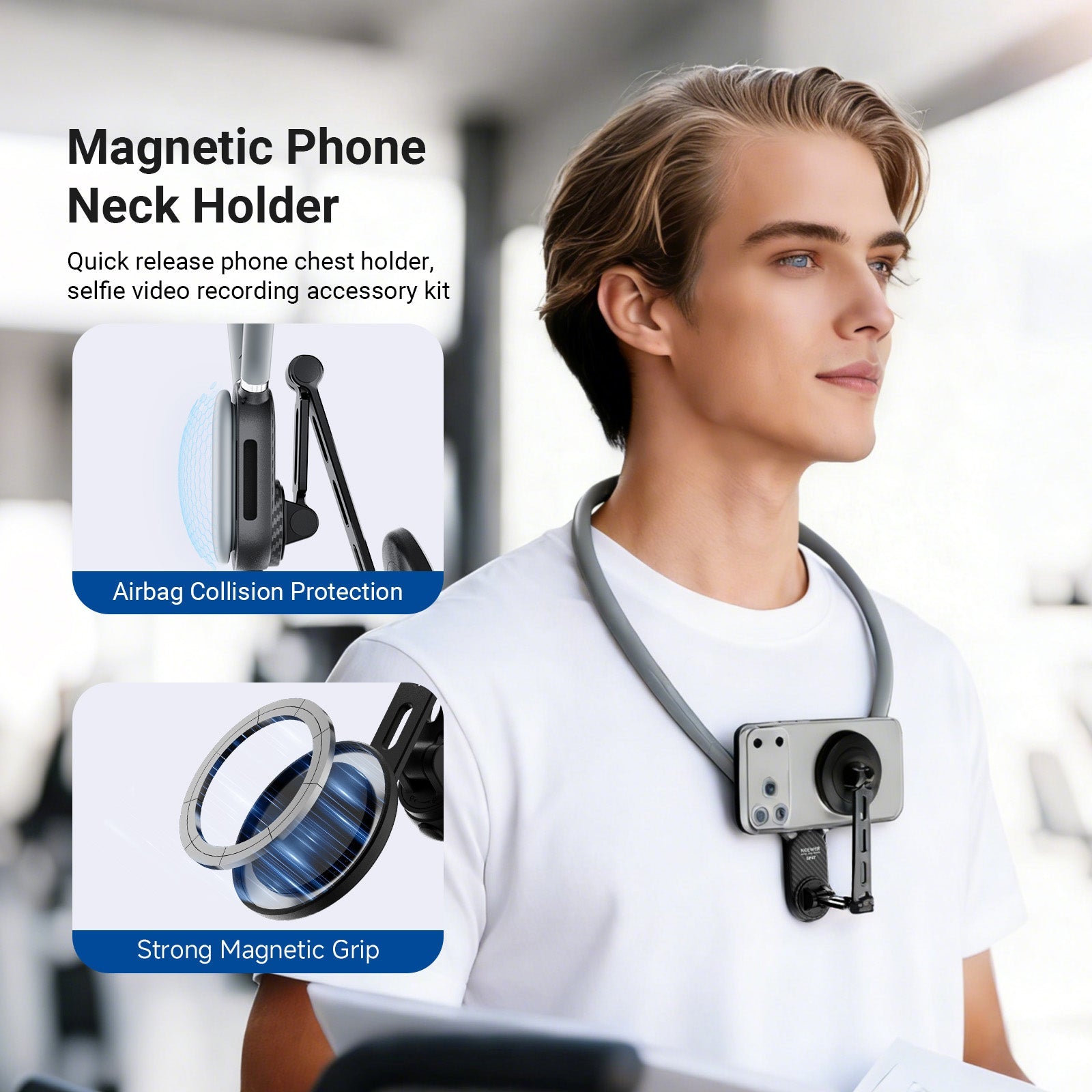 A boy is using the NEEWER GP47 Magnetic Neck Phone Holder