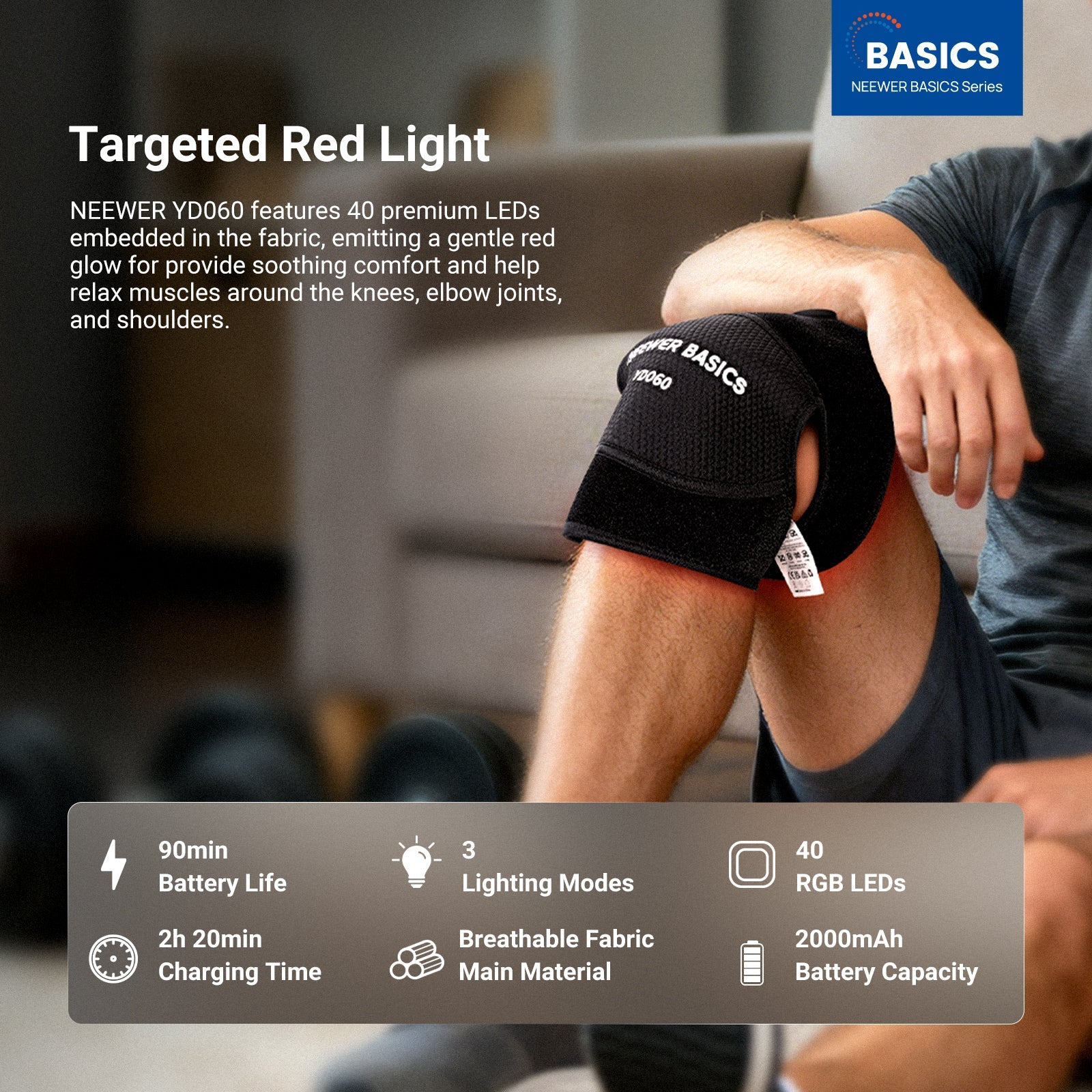 NEEWER YD060 emits a gentle red glow to provide soothing comfort and help relax muscles around the knees.