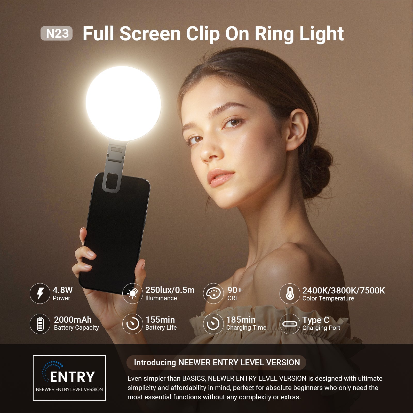 A girl holding a NEEWER N23 Mini Ring Light