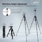 NEEWER TP56 Camera Tripod offers height adjustment from 49cm to 187cm.
