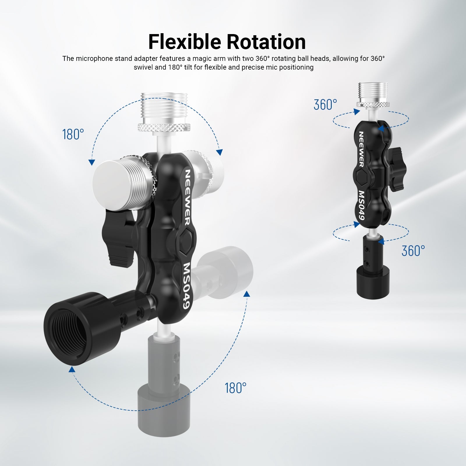 NEEWER MS049 Microphone Mount Adapter features a magic arm with two 360° rotating ball heads.