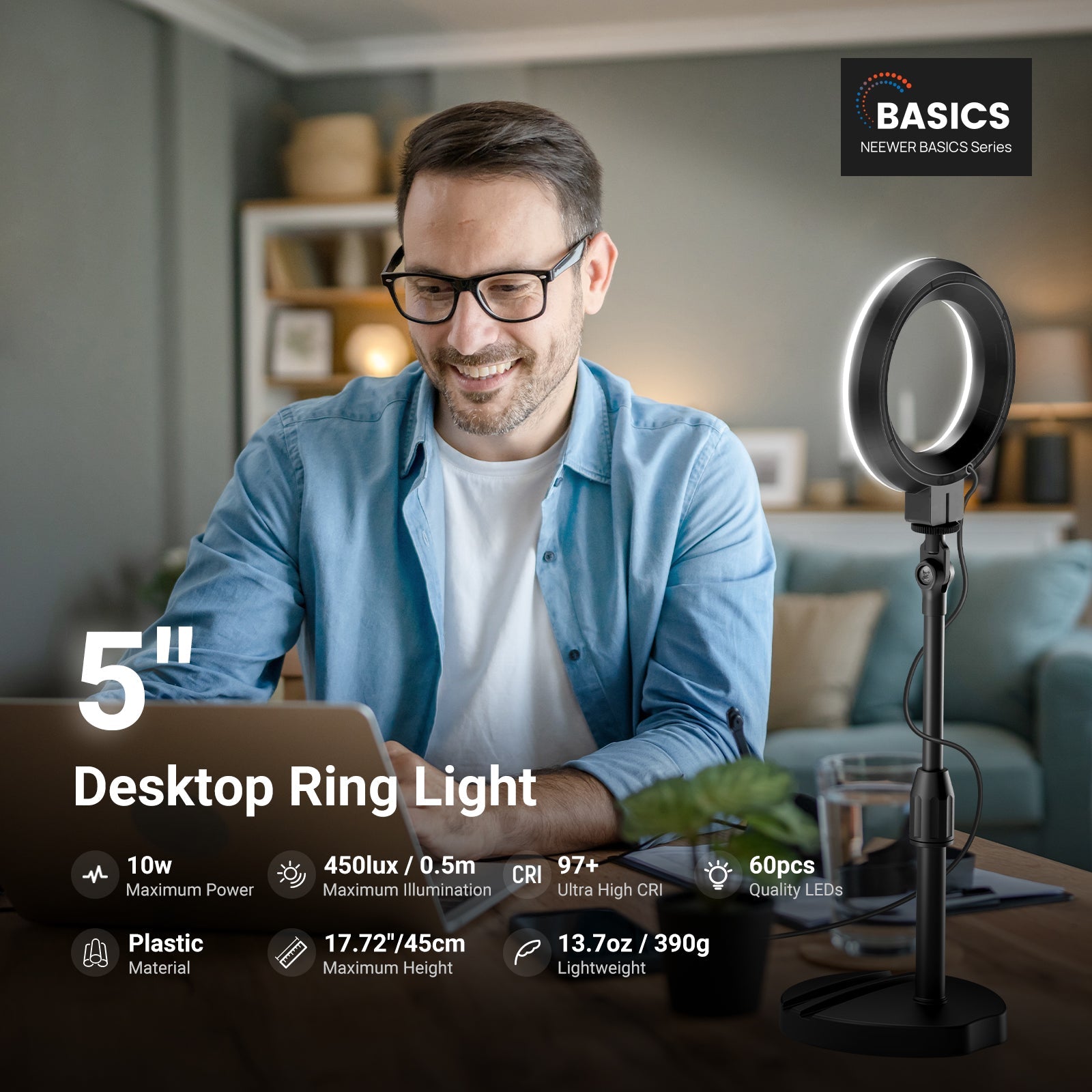 A man is using the NEEWER BR60 Desk Ring Light kit for home office meetings.
