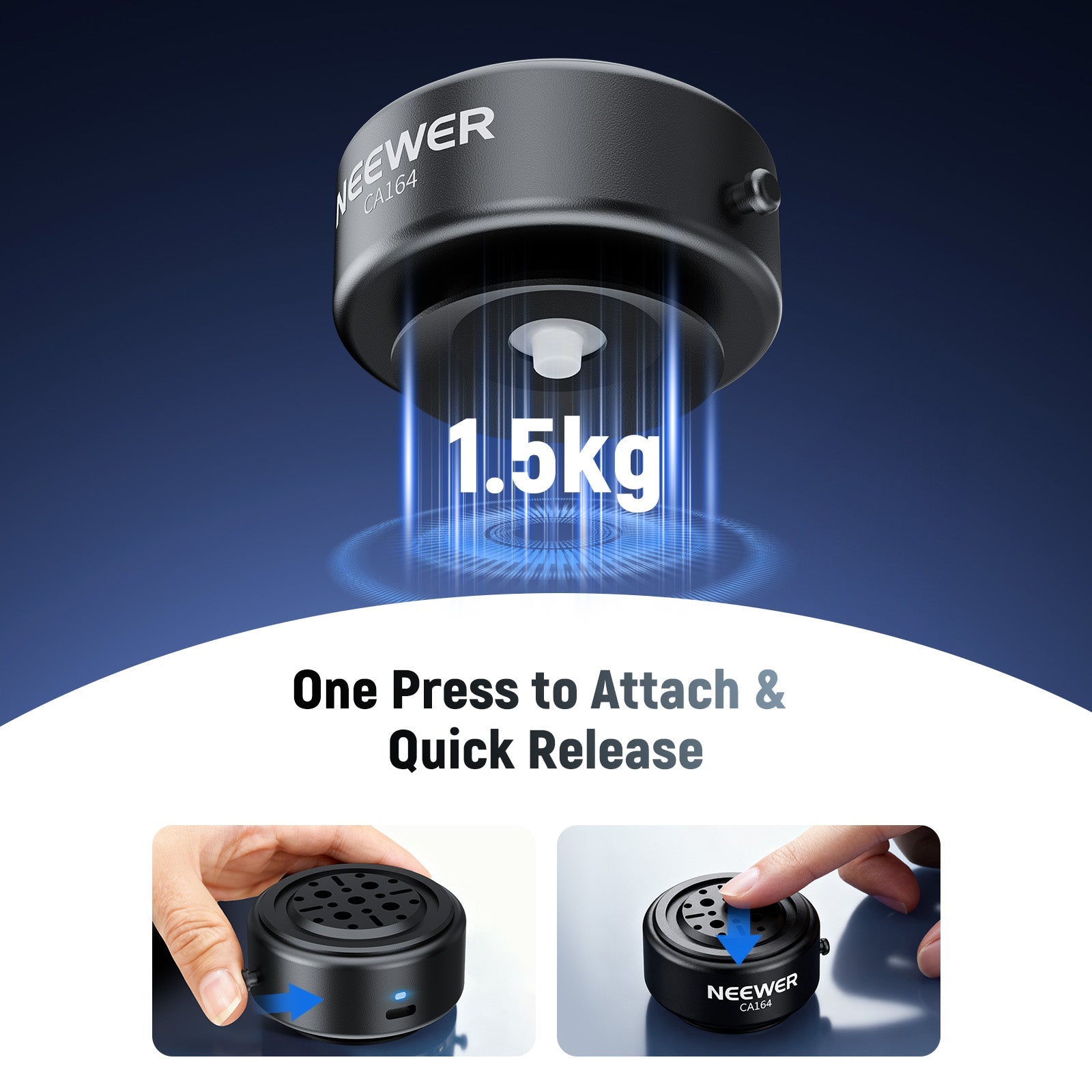 One press to secure the electric suction camera phone mount inside or outside the car, with a side release button for removal.