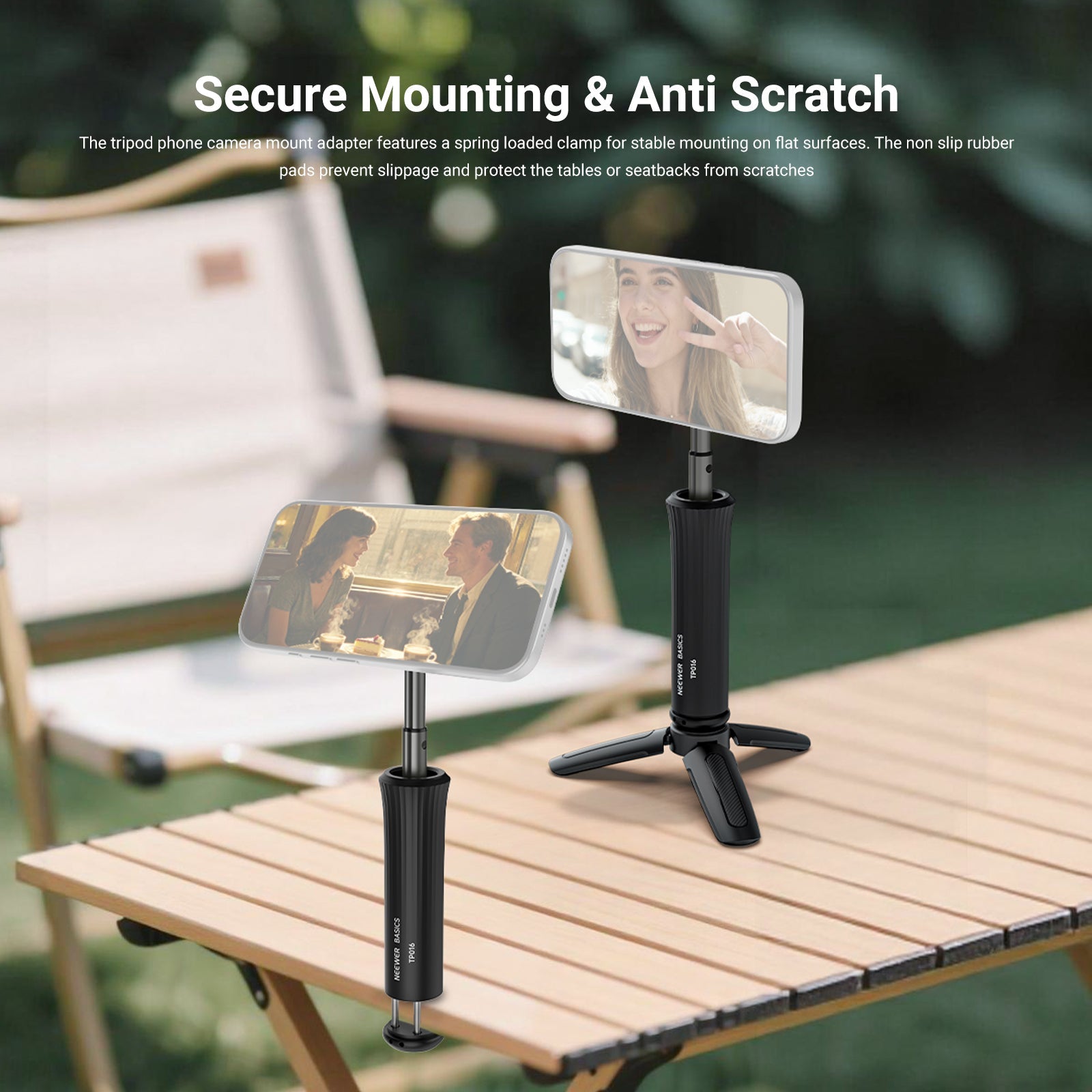 The tripod phone camera mount adapter features a spring loaded clamp for stable mounting on flat surfaces.