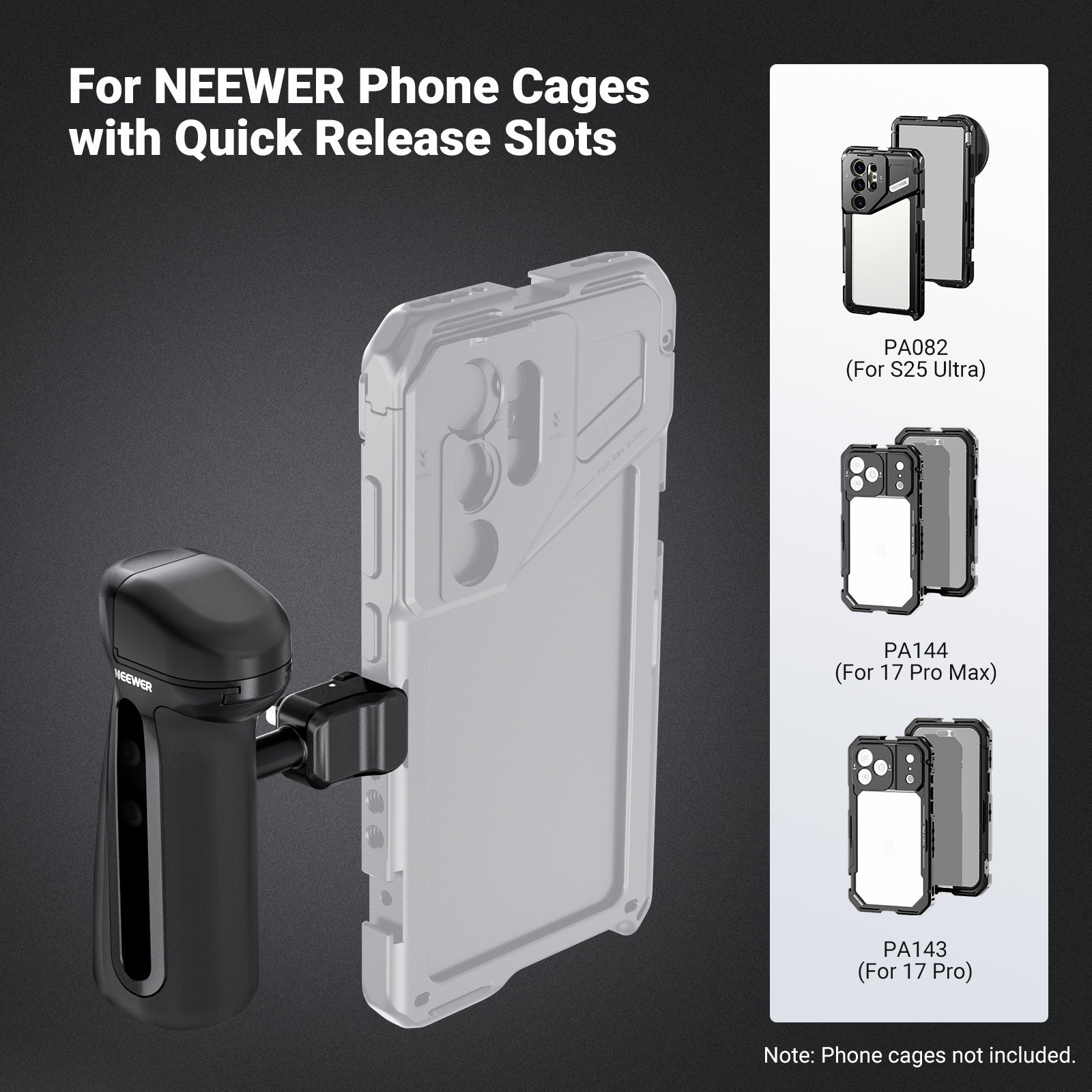 NEEWER PA148 Quick Release Side Handle fits NEEWER phone cage stabilizers with QR mounting slots.