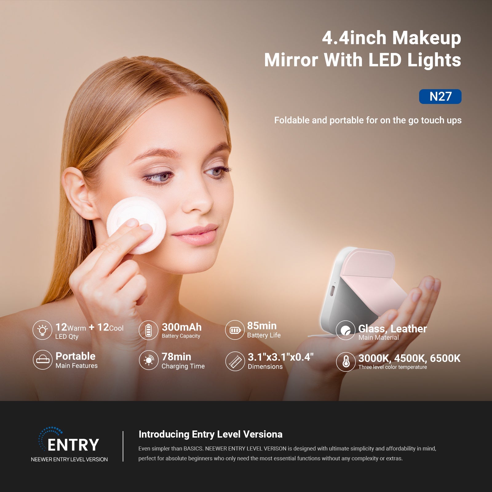 A girl used the NEEWER 4.4inch makeup mirror with LED light while putting on her makeup