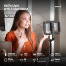 A girl is using the NEEWER NL100B Wireless Selfie Light with Tripod Stand for live streaming.