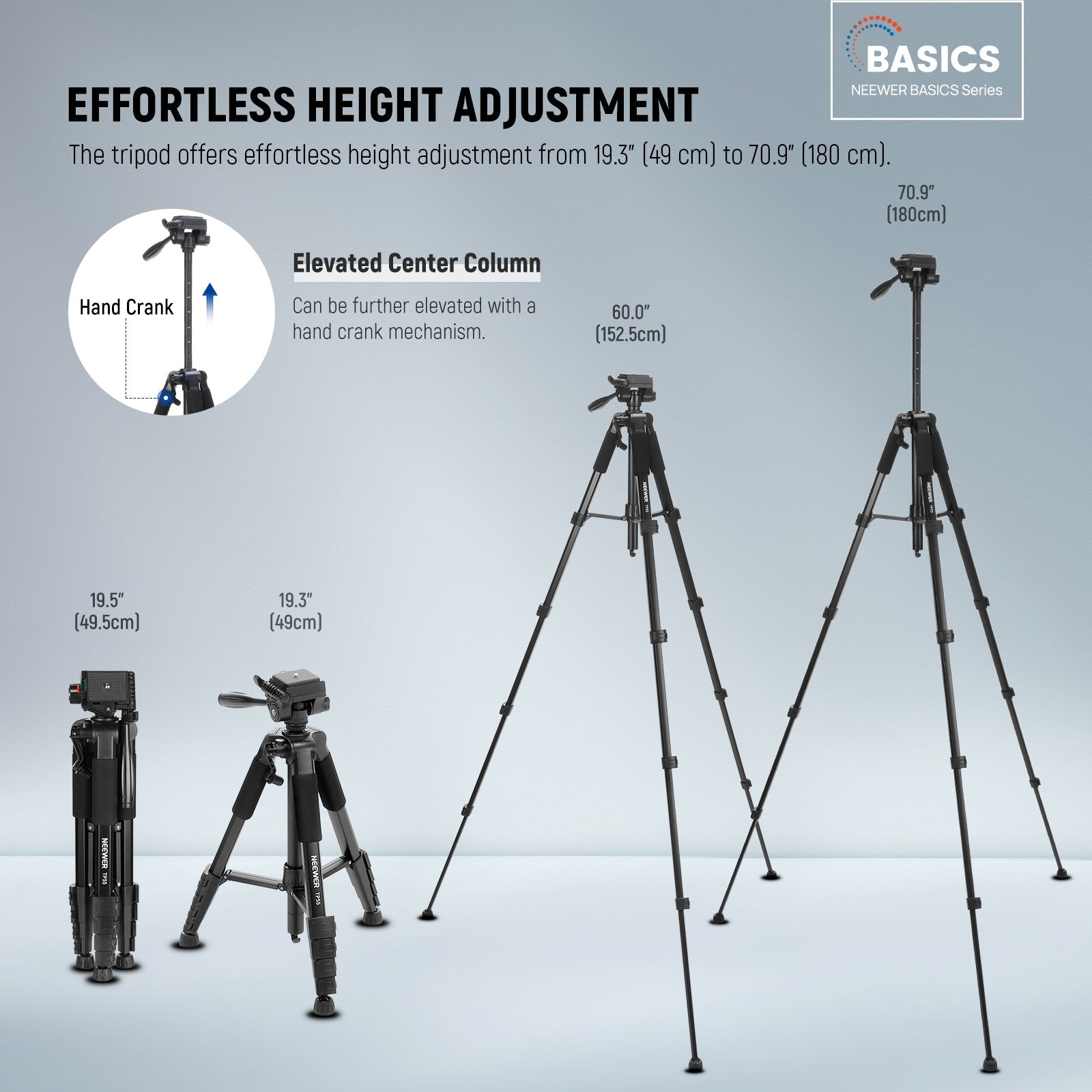 NEEWER TP55 Camera Tripod offers effortless height adjustment from 49cm to 180cm.