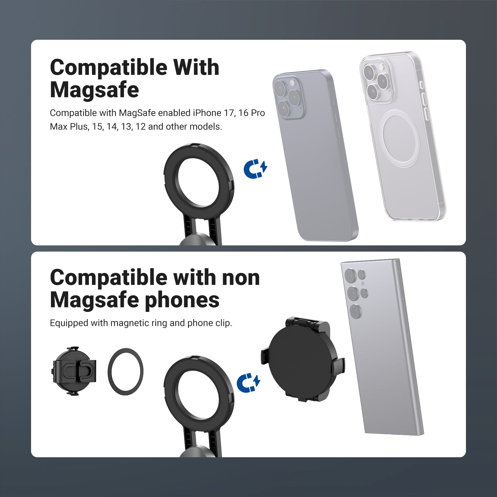 NEEWER PA985 3 in 1 Magnetic Selfie Stick Tripod is compatible with Magsafe and non Magsafe phone via magnetic ring and phone clip.