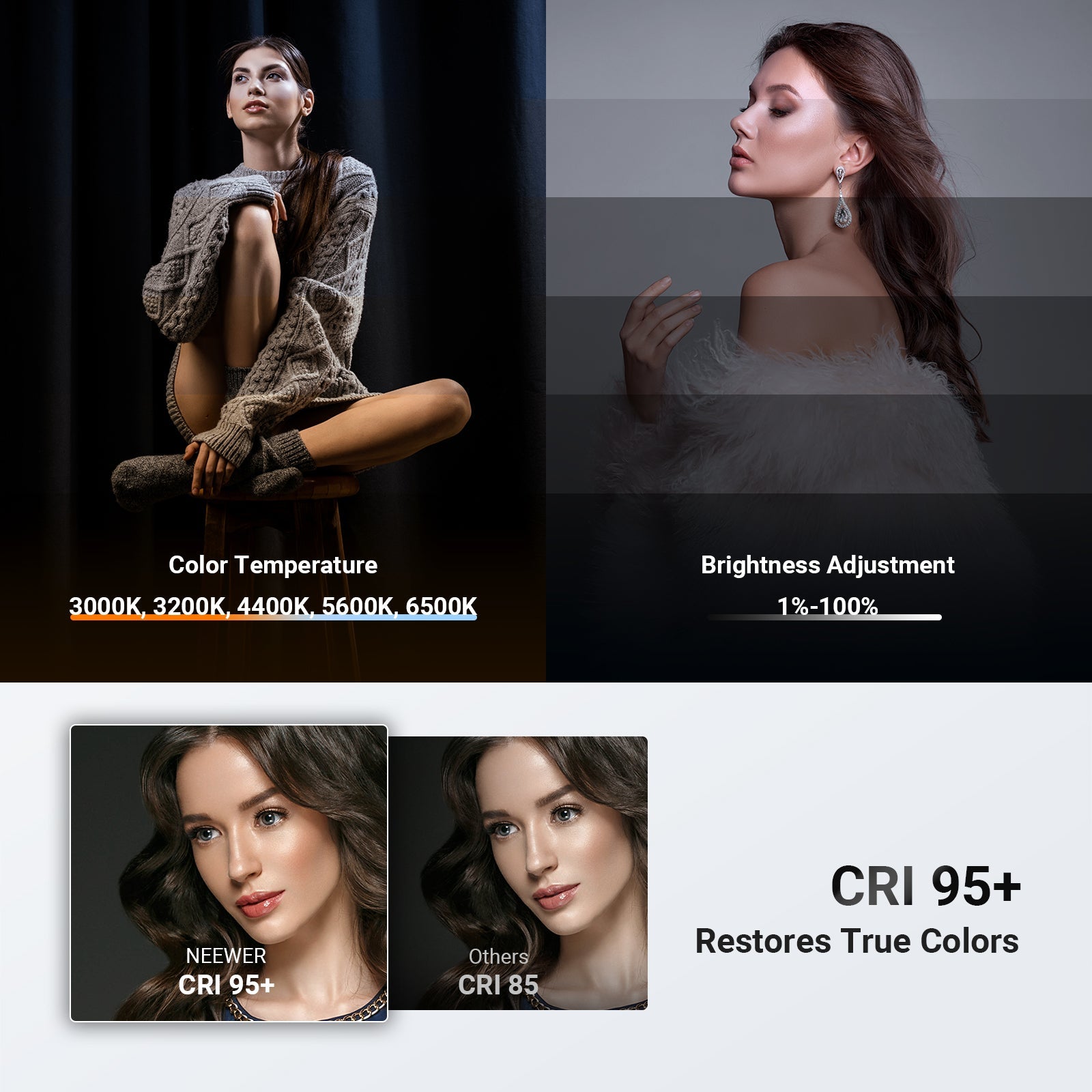 The video and photo light with desk arm for photography offers 5 color temperature modes, 1-100% dimmable for precise adjustment.