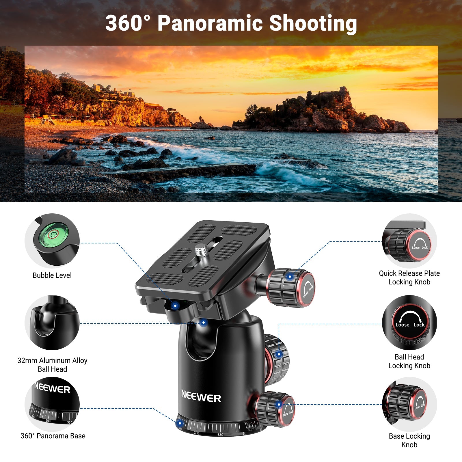 The tripod stand as camera photography and videography accessories comes with a fluid head for 360° panorama and 180° tilt