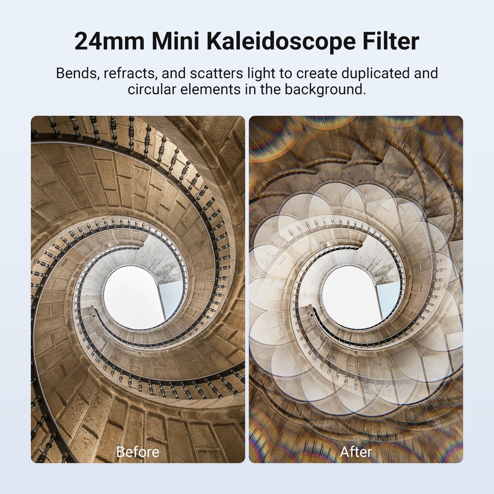 NEEWER FL-102 24mm Kaleidoscope Filter bends, refracts, and scatters light to create duplicated and circular elements in the background.