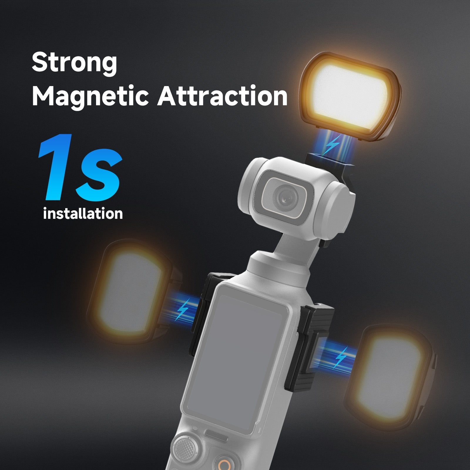 With 2 upgraded magnetic mount brackets, this photo light swiftly snaps on the sides or top of the pocket 3