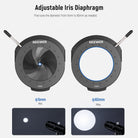 The iris diaphragm with a 5-60mm adjustable diameter allows you to fine tune the beam.